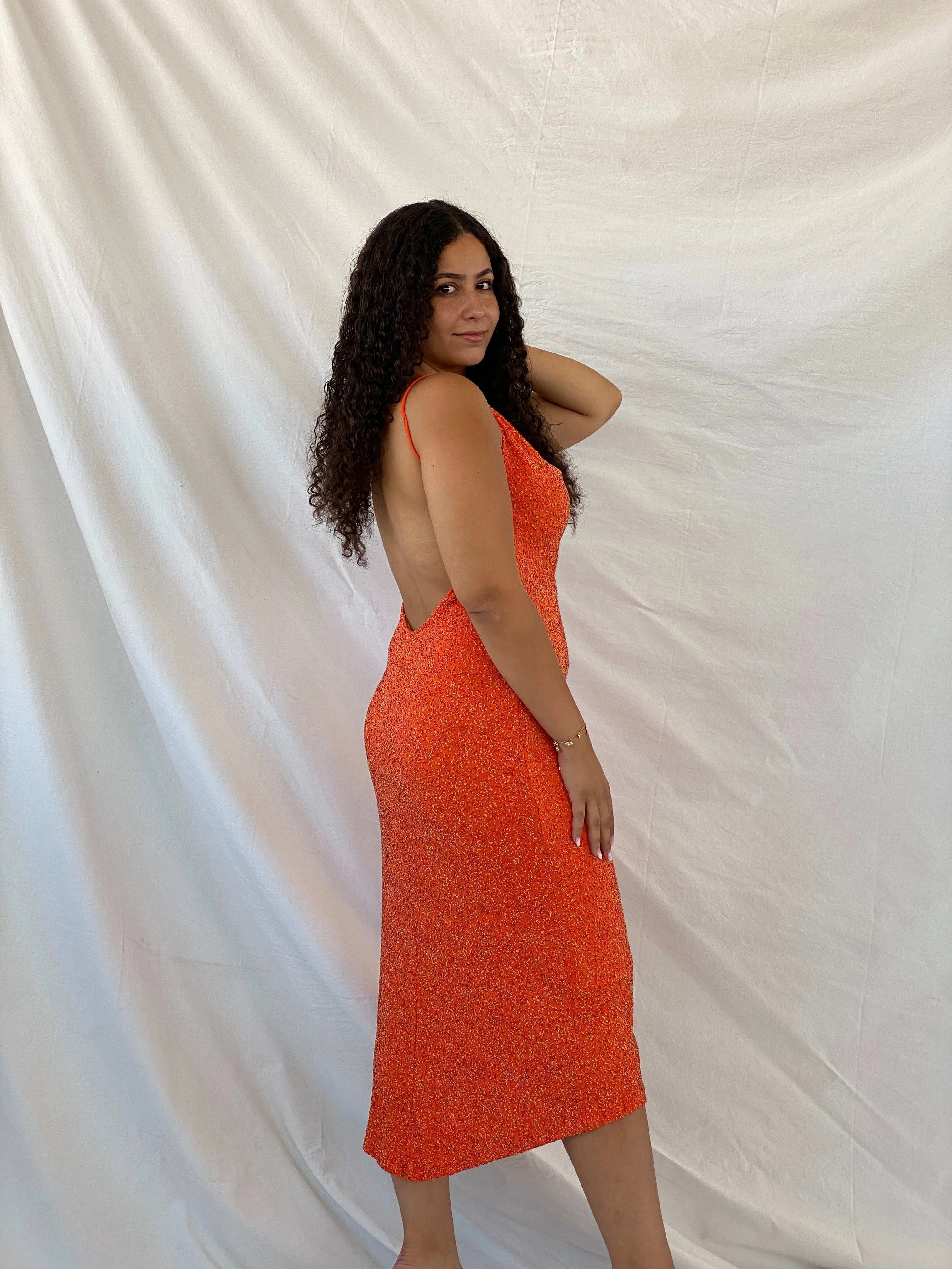 Stunning Alexia Admor Beaded Hot Orange Backless Midi Dress - L - Balagan Vintage Midi Dress 00s, 90s, 90s dress, Dina, floral dress, midi dress, Wedding Guest