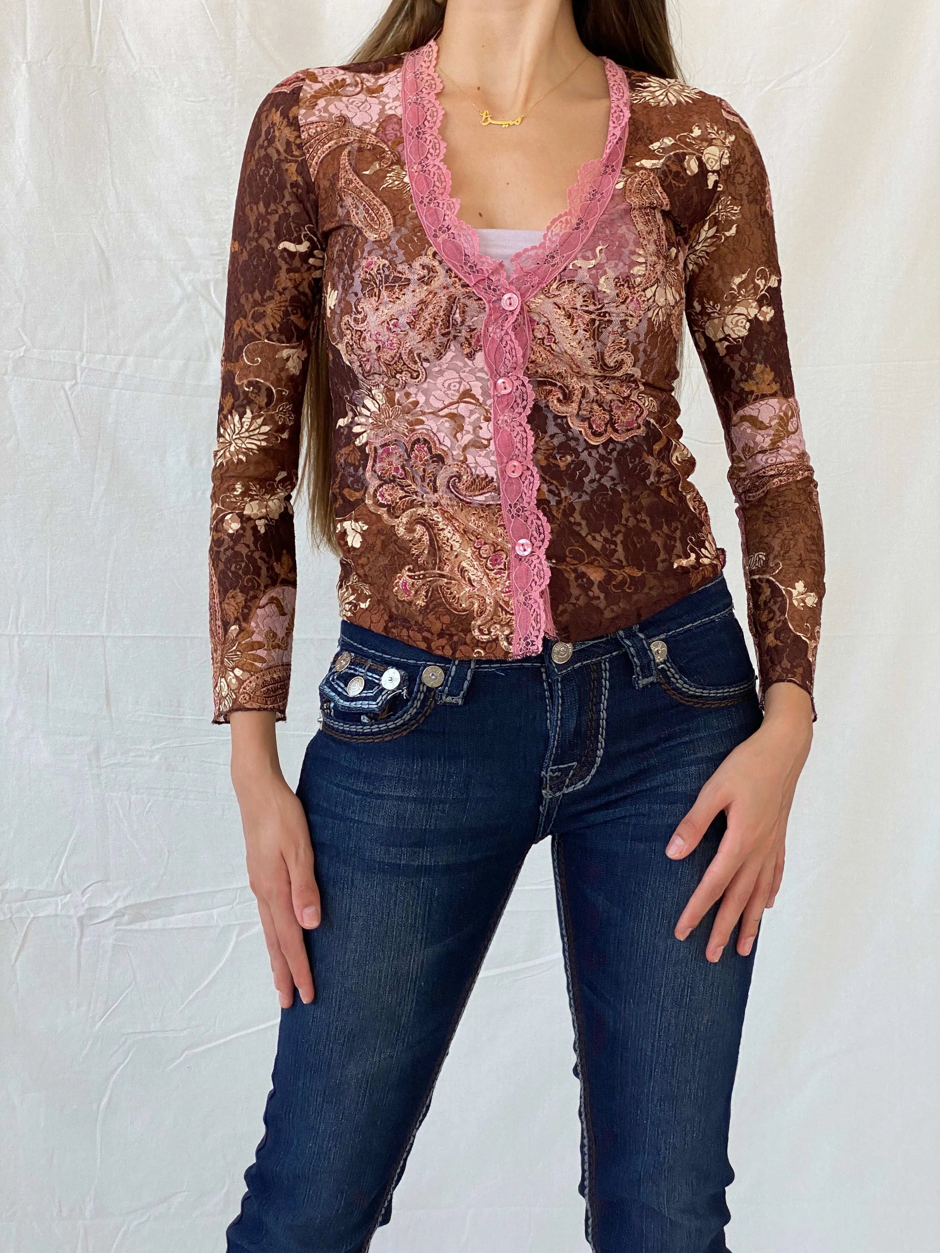 Stunning Floral Lace Button Up Brown and Pink Cardigan - S - Balagan Vintage Cardigan 00s, 90s, floral top, Mira, sheer, winter, women top