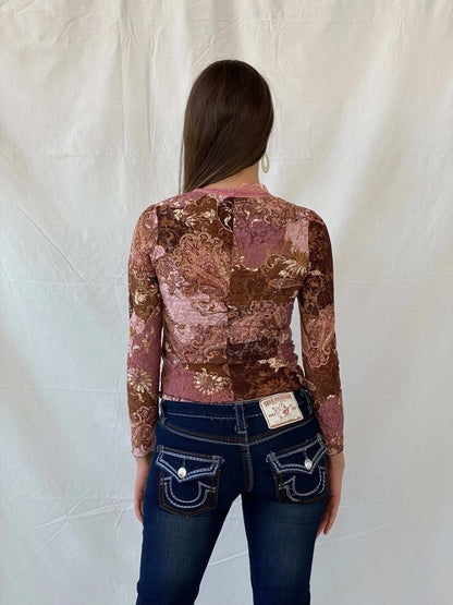 Stunning Floral Lace Button Up Brown and Pink Cardigan - S - Balagan Vintage Cardigan 00s, 90s, Deals, floral top, Mira, sheer, winter, women top