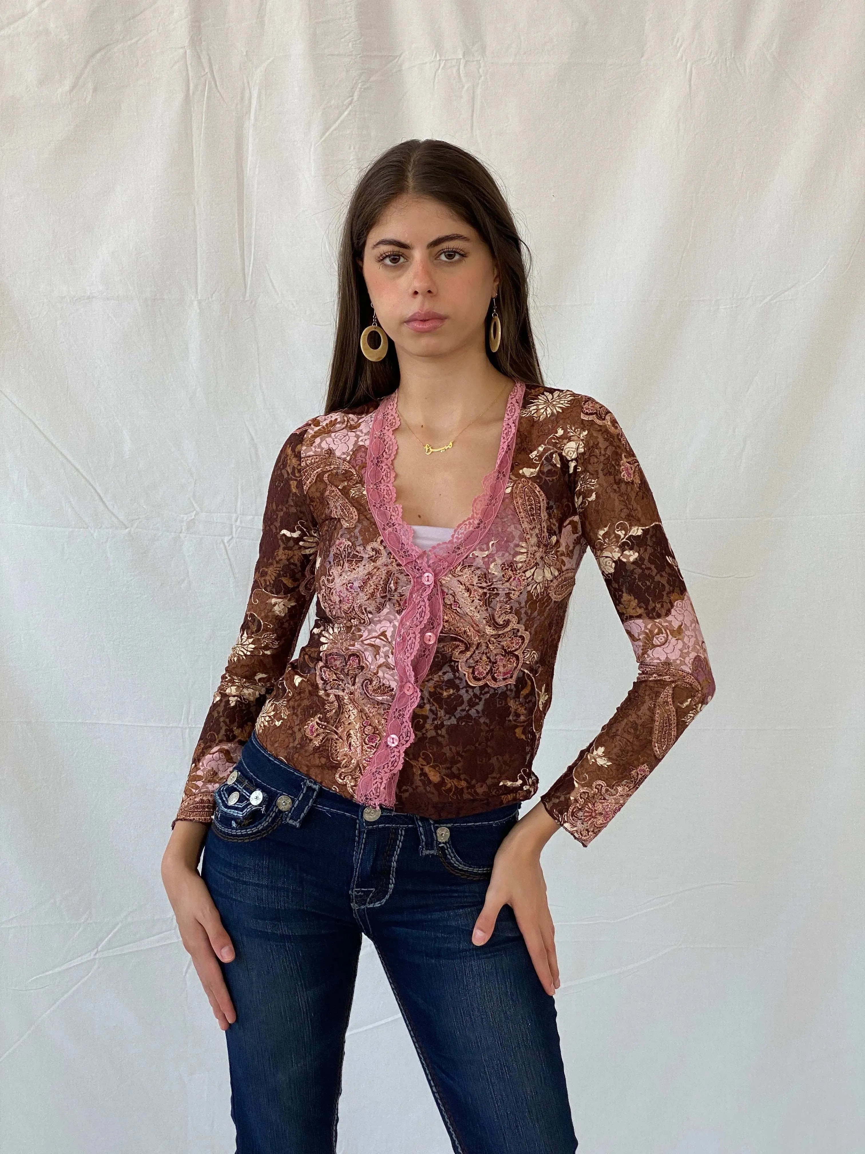 Stunning Floral Lace Button Up Brown and Pink Cardigan - S - Balagan Vintage Cardigan 00s, 90s, Deals, floral top, Mira, sheer, winter, women top