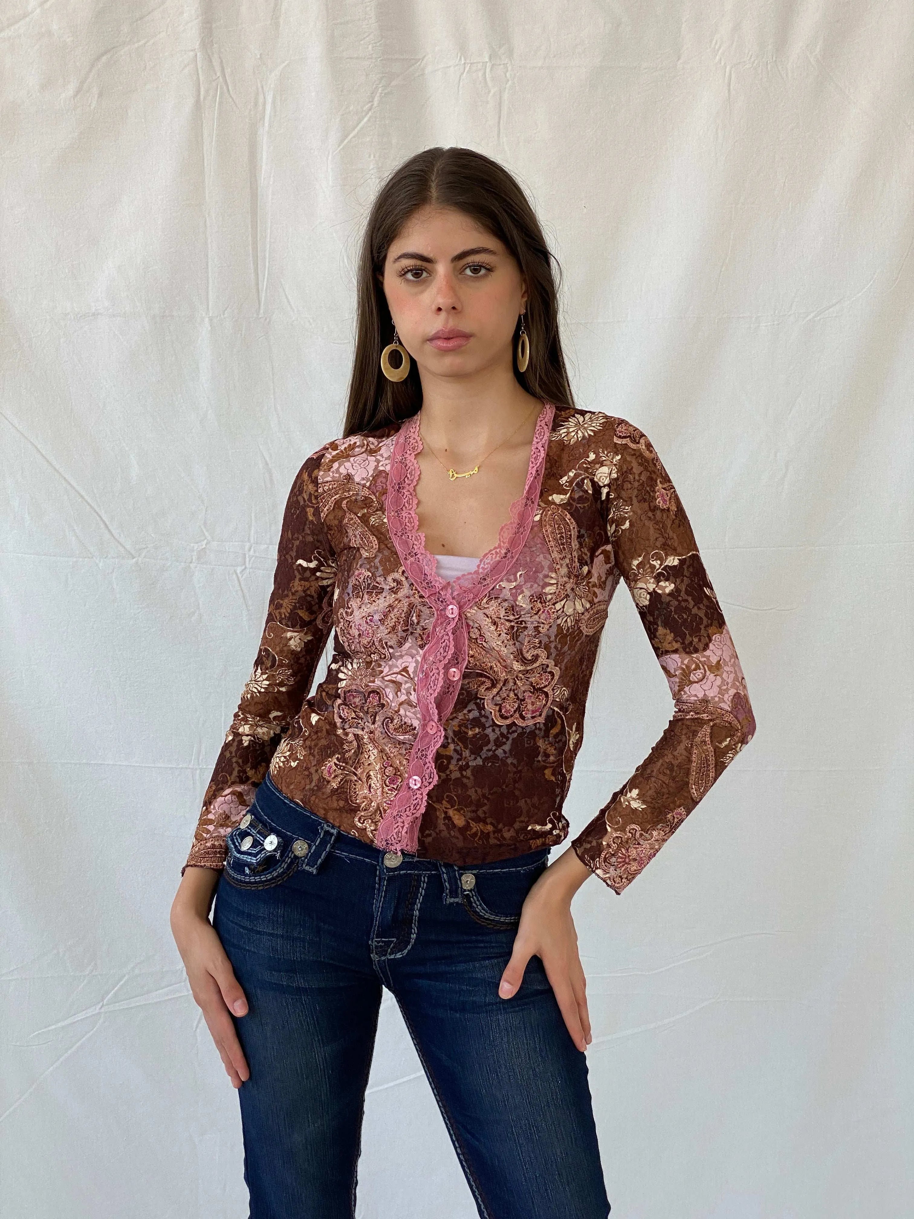 Stunning Floral Lace Button Up Brown and Pink Cardigan - S - Balagan Vintage Cardigan 00s, 90s, floral top, Mira, sheer, winter, women top