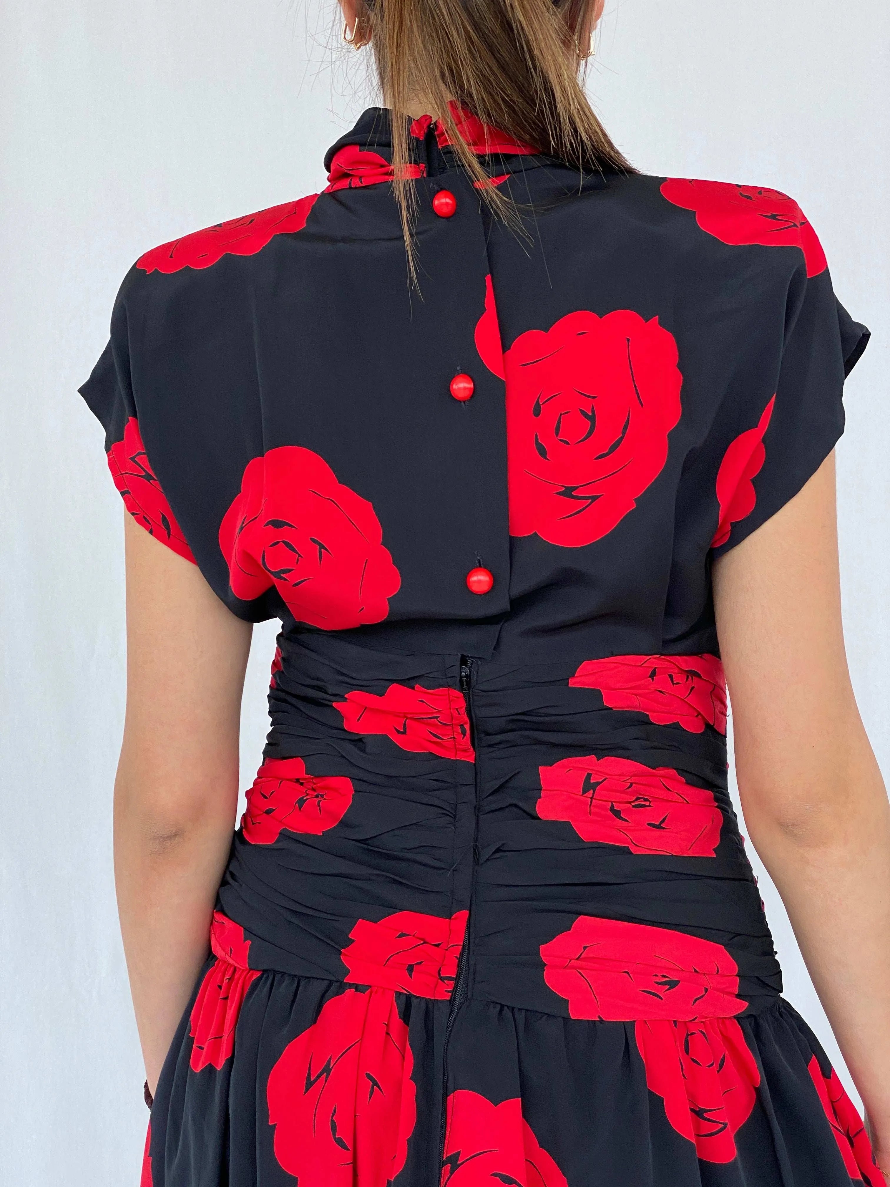 Stunning Vintage 80s Handmade Black Rose Print Midi Party Dress Size M - Balagan Vintage Midi Dress 90s, black dress, Deals, dress, floral dress, formal dress, Juana, midi dress