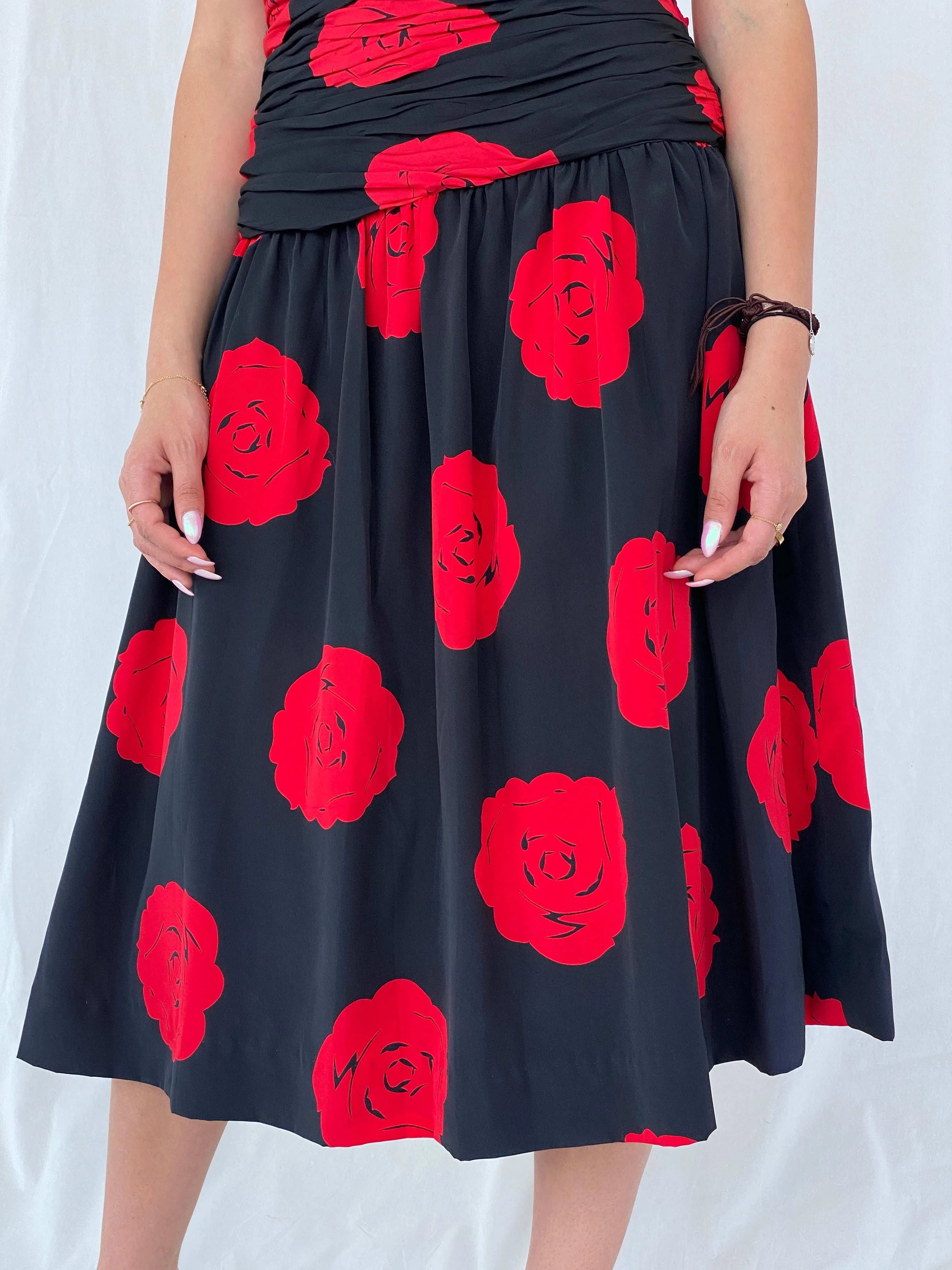 Stunning Vintage 80s Handmade Black Rose Print Midi Party Dress Size M - Balagan Vintage Midi Dress 90s, black dress, Deals, dress, floral dress, formal dress, Juana, midi dress