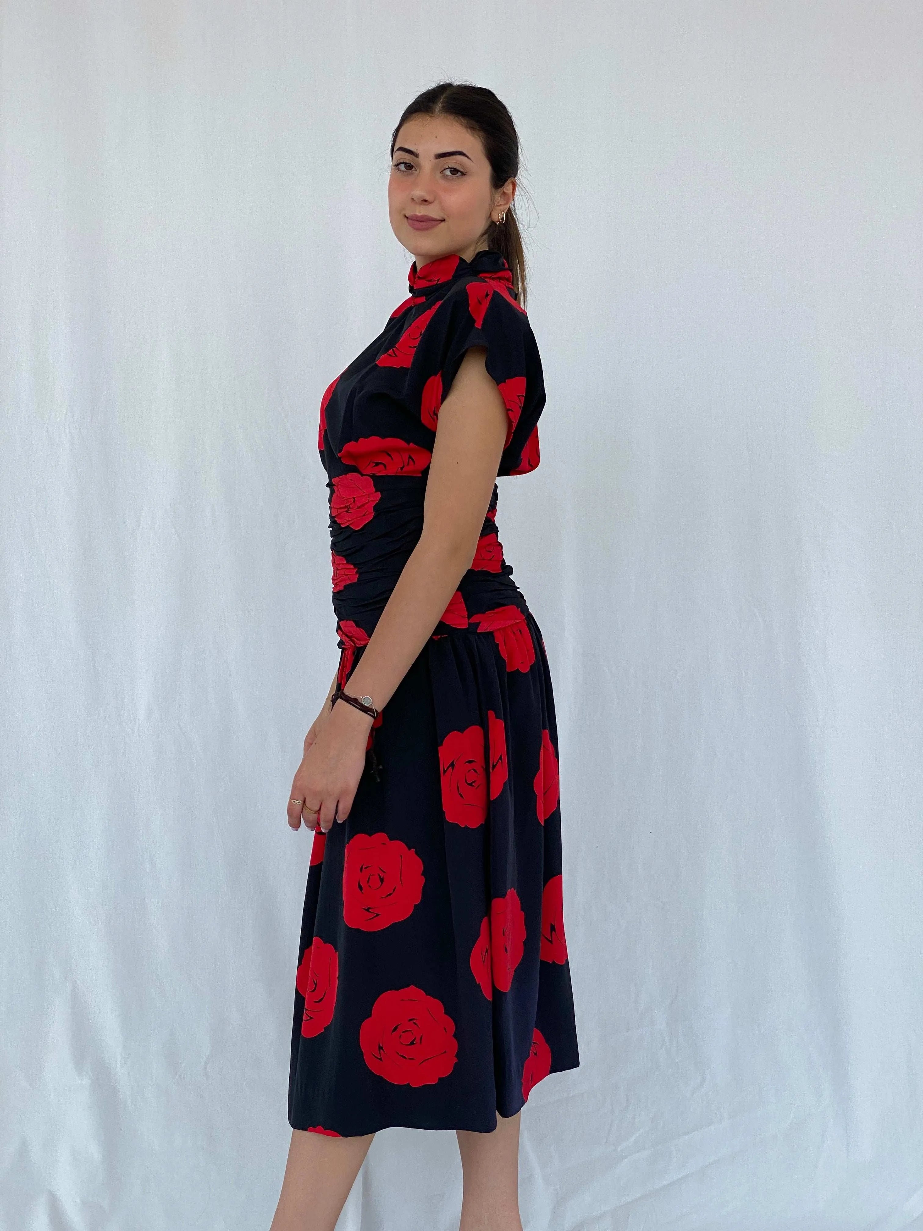 Stunning Vintage 80s Handmade Black Rose Print Midi Party Dress Size M - Balagan Vintage Midi Dress 90s, black dress, Deals, dress, floral dress, formal dress, Juana, midi dress