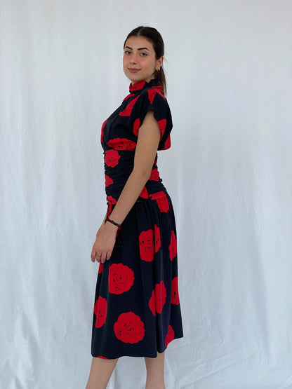 Stunning Vintage 80s Handmade Black Rose Print Midi Party Dress Size M - Balagan Vintage Midi Dress 90s, black dress, Deals, dress, floral dress, formal dress, Juana, midi dress