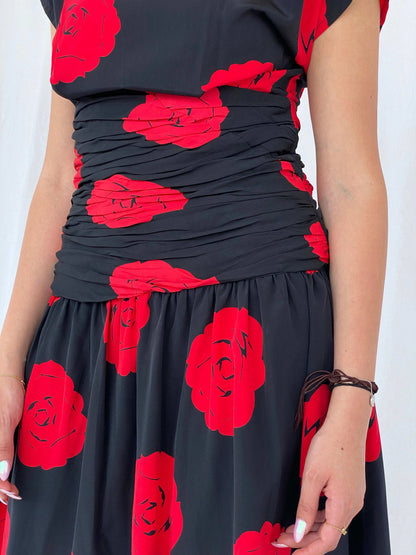Stunning Vintage 80s Handmade Black Rose Print Midi Party Dress Size M - Balagan Vintage Midi Dress 90s, black dress, Deals, dress, floral dress, formal dress, Juana, midi dress