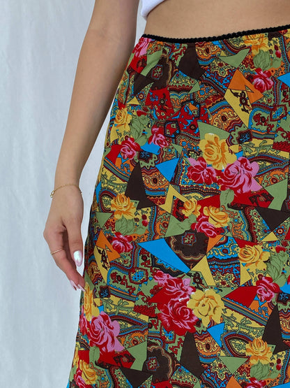 Stunning Vintage 90s Outfit Colorful Floral Midi Skirt Size L - Balagan Vintage Midi Skirt 90s, Deals, floral, floral skirt, Juana, midi skirt, women skirt
