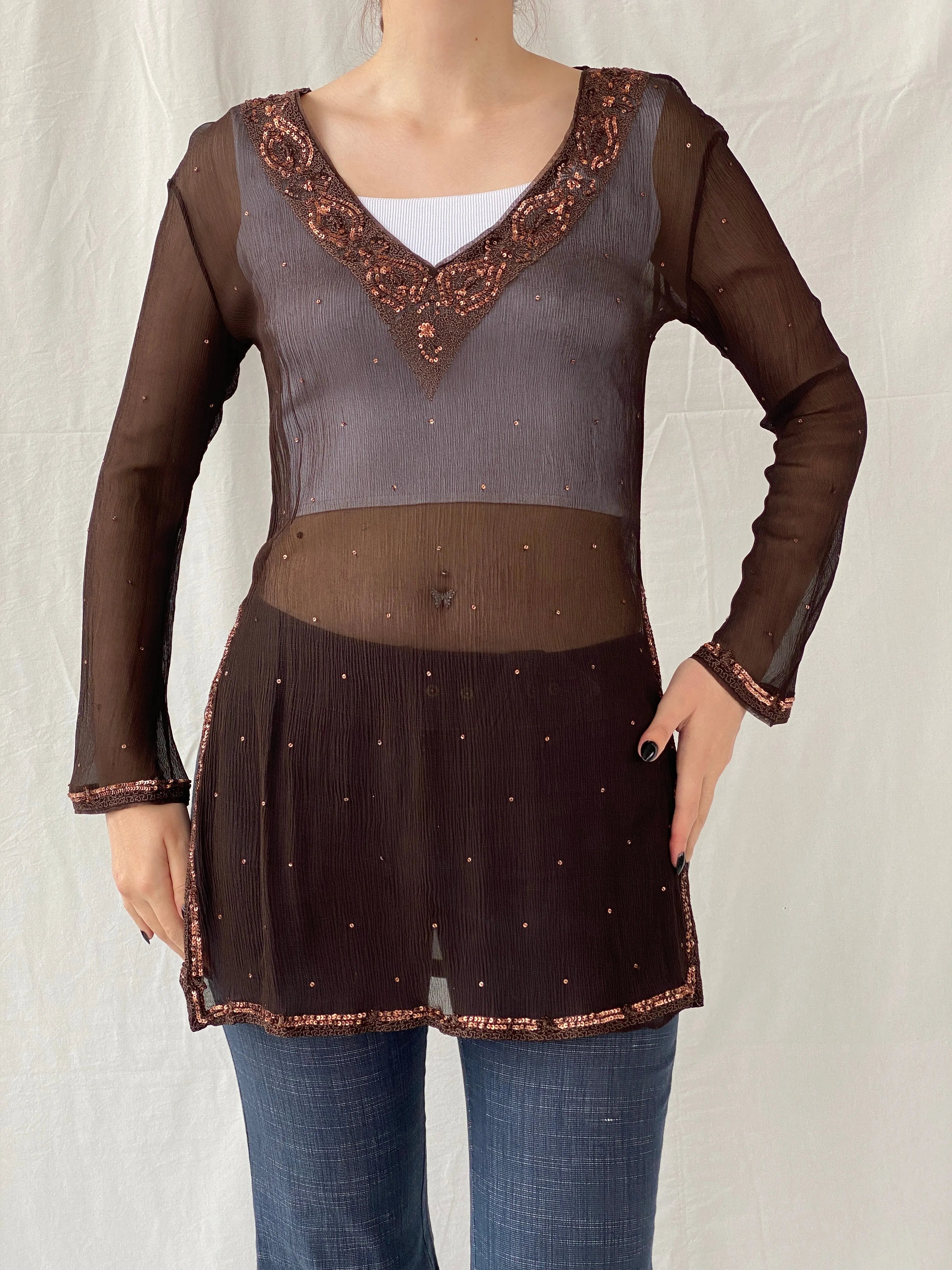 Subtle Luxury Autograph by Marks & Spencer Brown Sheer Silk Sequin Tunic Top Blouse - L - Balagan Vintage Full sleeve Shirt Ayah, full sleeve shirt, sheer, shirt, silk, silk shirt, women shirt