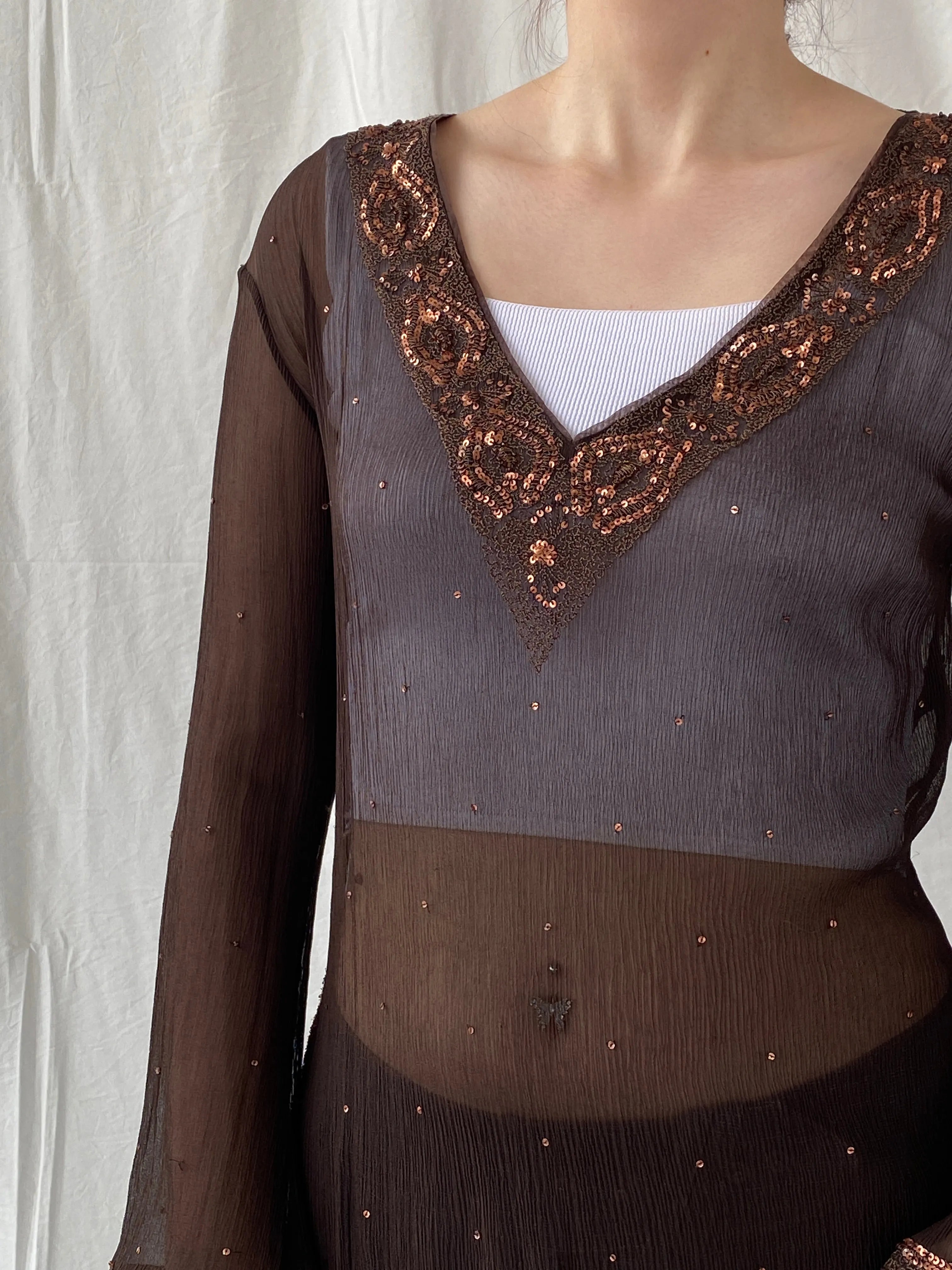 Subtle Luxury Autograph by Marks & Spencer Brown Sheer Silk Sequin Tunic Top Blouse - L - Balagan Vintage Full sleeve Shirt Ayah, full sleeve shirt, sheer, shirt, silk, silk shirt, women shirt