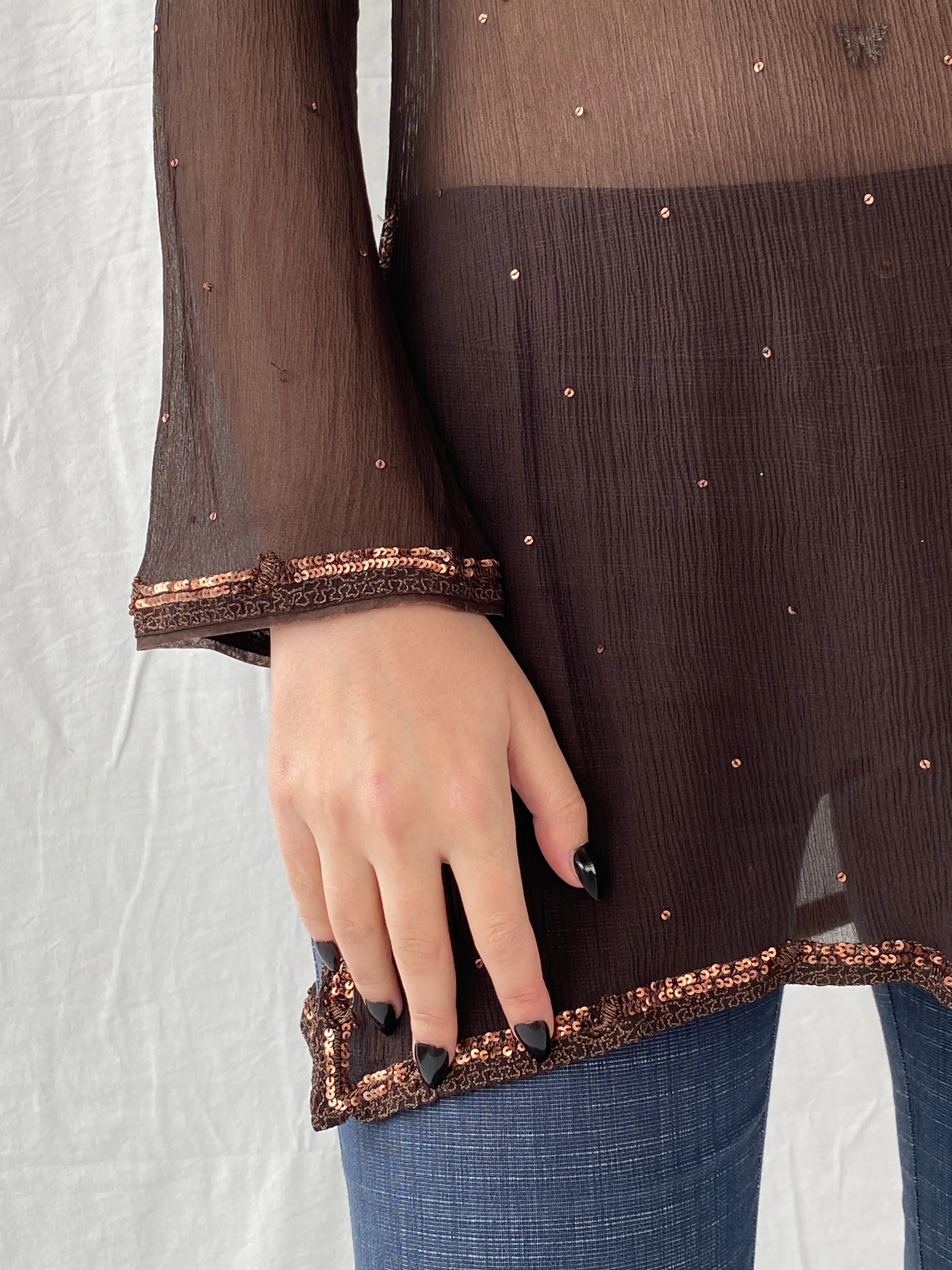 Subtle Luxury Autograph by Marks & Spencer Brown Sheer Silk Sequin Tunic Top Blouse - L - Balagan Vintage Full sleeve Shirt Ayah, full sleeve shirt, sheer, shirt, silk, silk shirt, women shirt