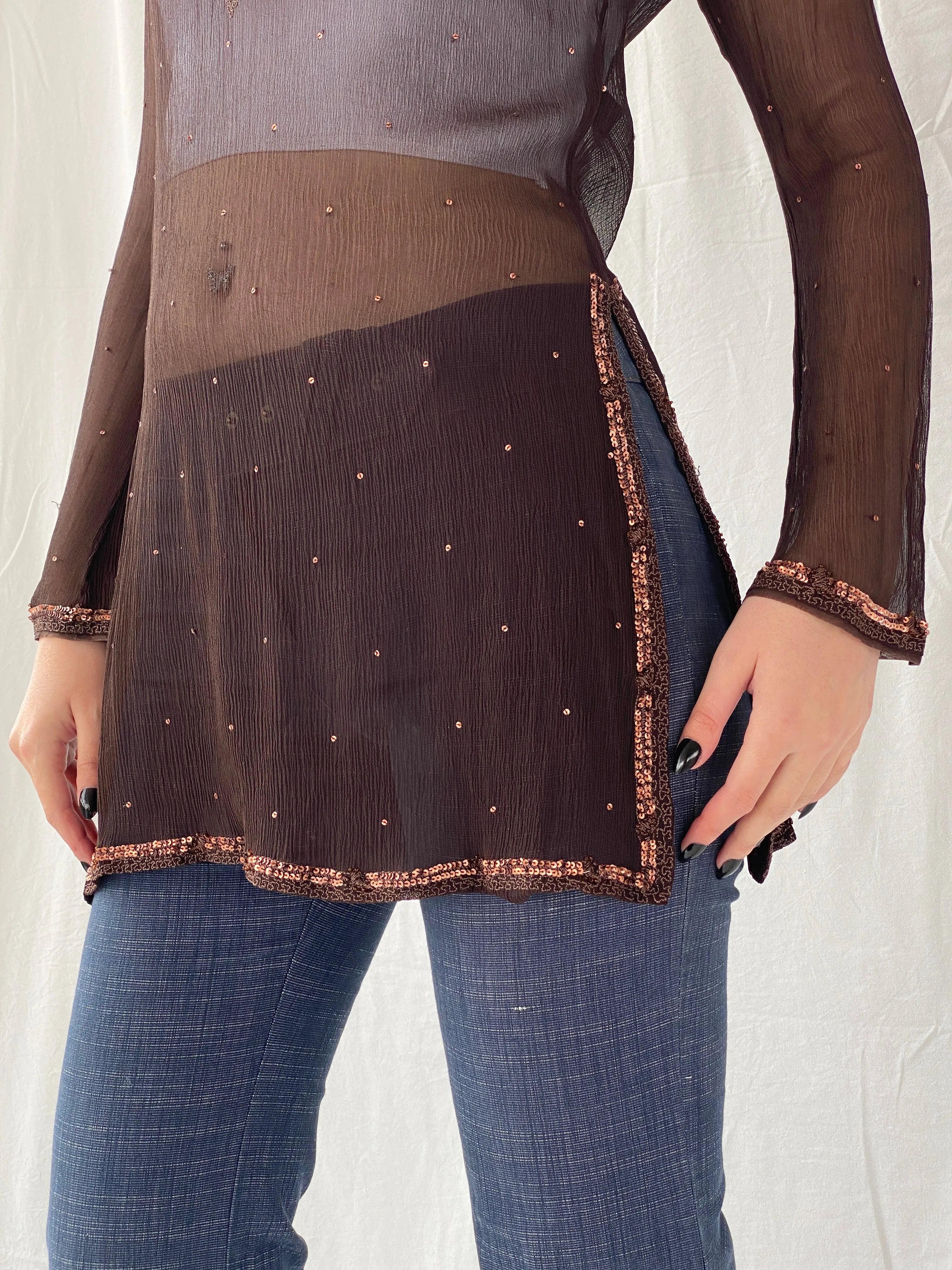 Subtle Luxury Autograph by Marks & Spencer Brown Sheer Silk Sequin Tunic Top Blouse - L - Balagan Vintage Full sleeve Shirt Ayah, full sleeve shirt, sheer, shirt, silk, silk shirt, women shirt