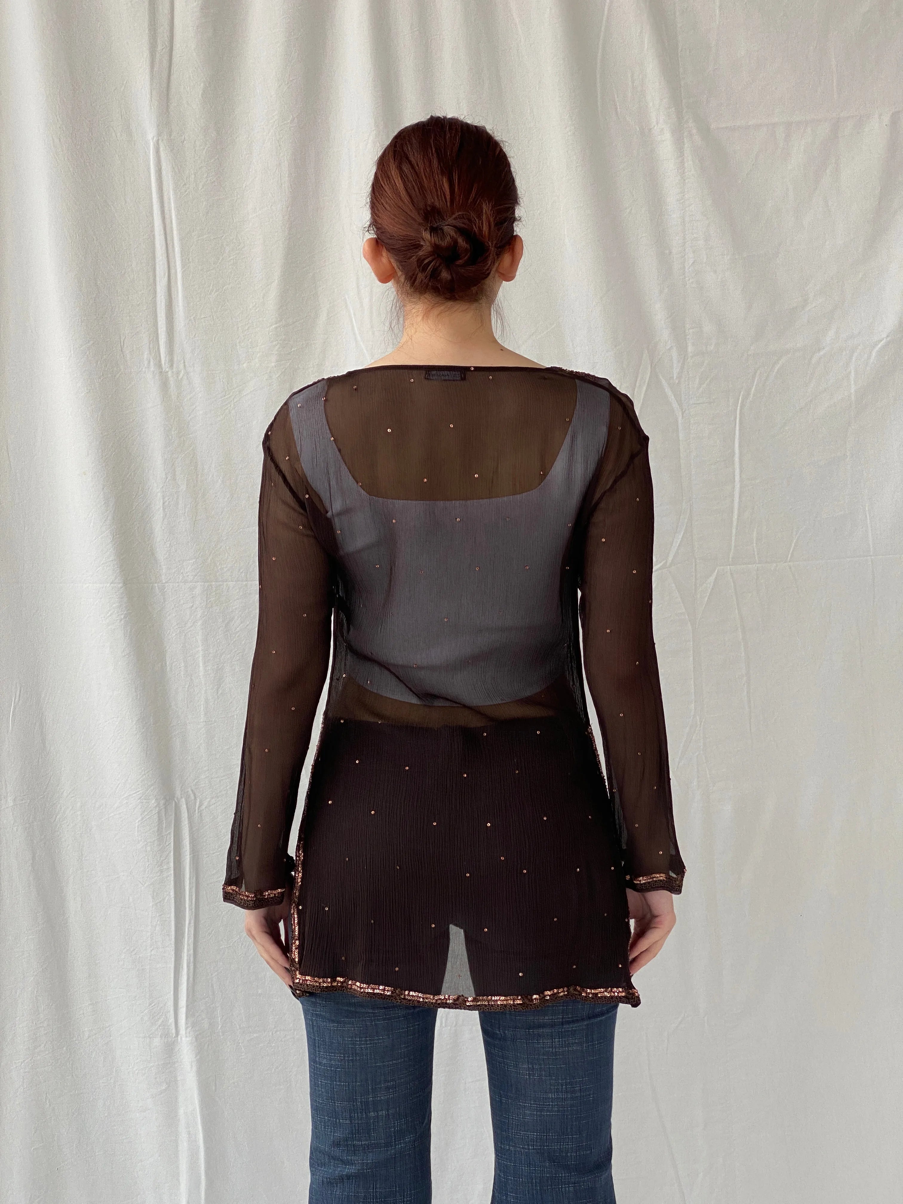Subtle Luxury Autograph by Marks & Spencer Brown Sheer Silk Sequin Tunic Top Blouse - L - Balagan Vintage Full sleeve Shirt Ayah, full sleeve shirt, sheer, shirt, silk, silk shirt, women shirt
