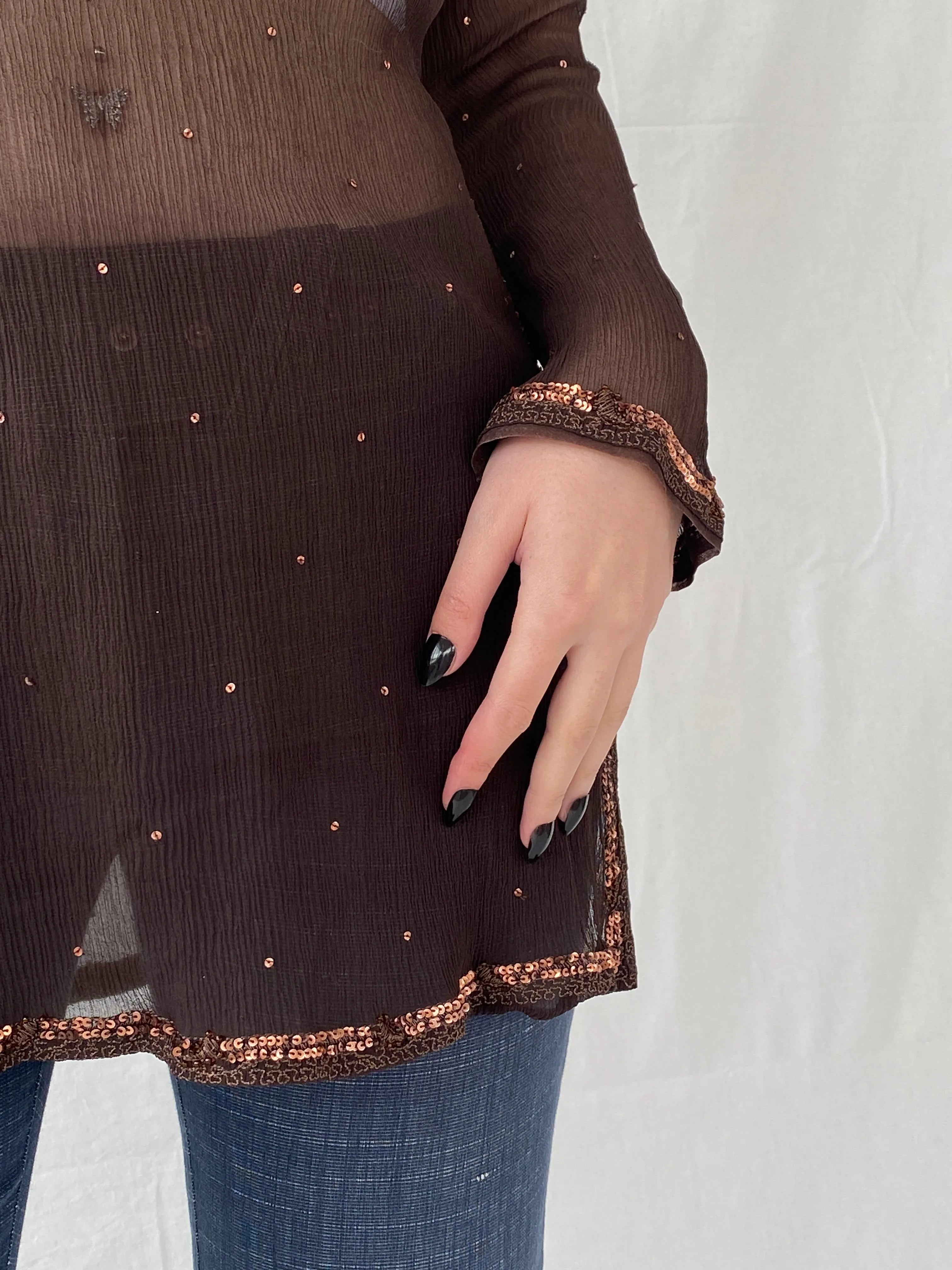 Subtle Luxury Autograph by Marks & Spencer Brown Sheer Silk Sequin Tunic Top Blouse - L - Balagan Vintage Full sleeve Shirt Ayah, full sleeve shirt, sheer, shirt, silk, silk shirt, women shirt
