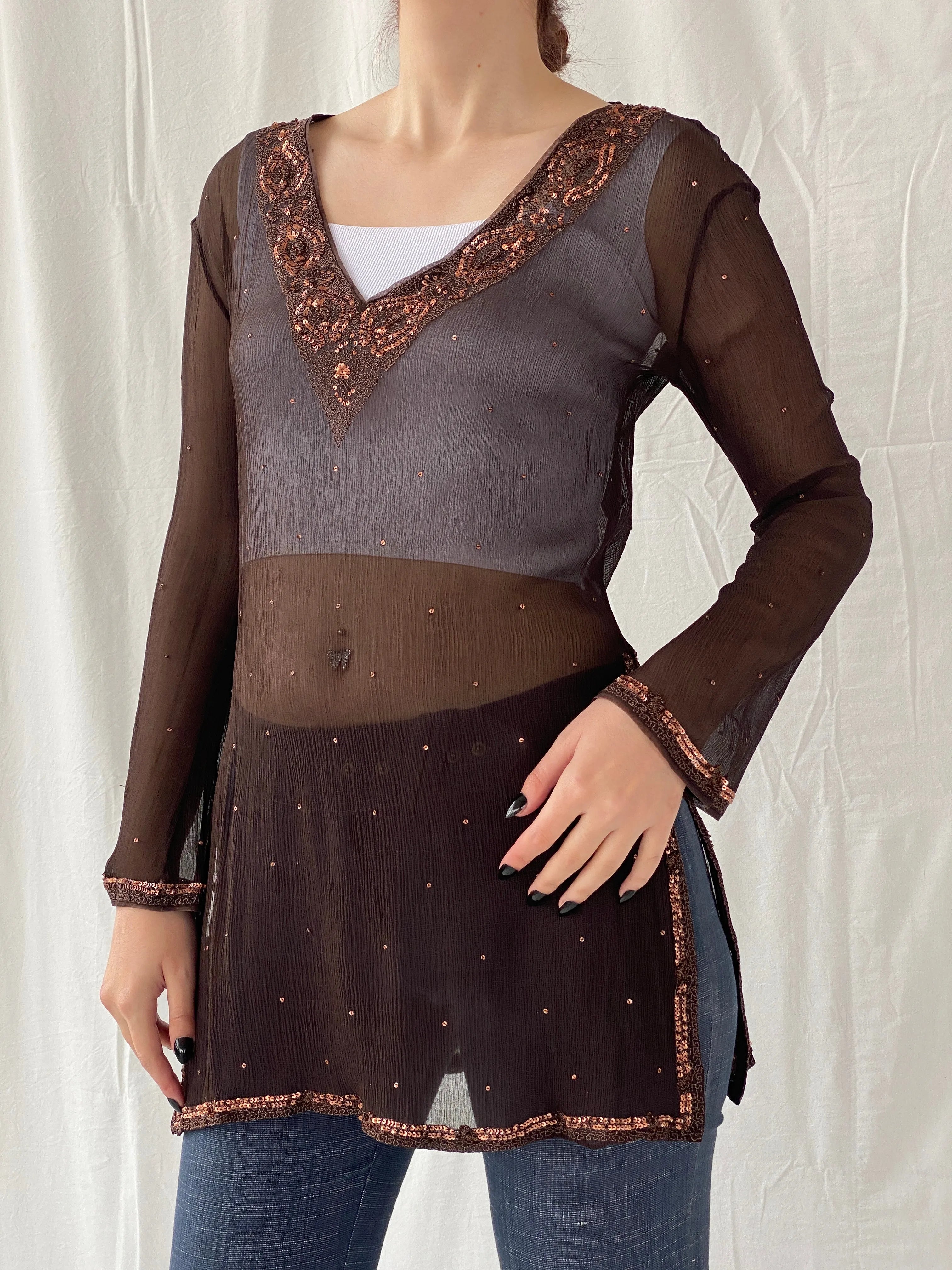 Subtle Luxury Autograph by Marks & Spencer Brown Sheer Silk Sequin Tunic Top Blouse - L - Balagan Vintage Full sleeve Shirt Ayah, full sleeve shirt, sheer, shirt, silk, silk shirt, women shirt