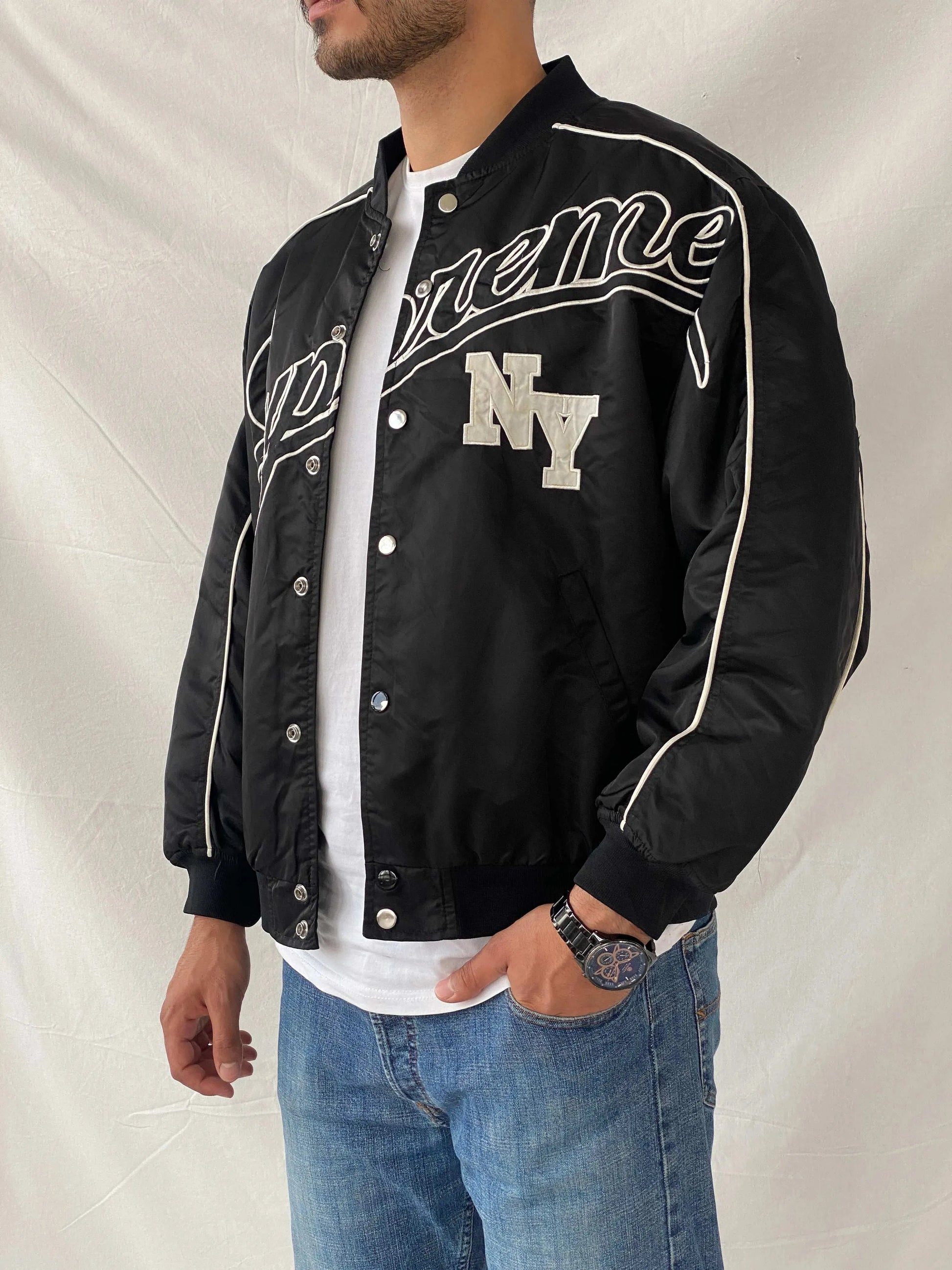 Supreme NY Windbreaker Black Bomber Jacket - XL - Balagan Vintage Jacket 90s, consignment, Joe, Ramez, summer, vintage windbreaker, windbreaker, windbreaker jacket