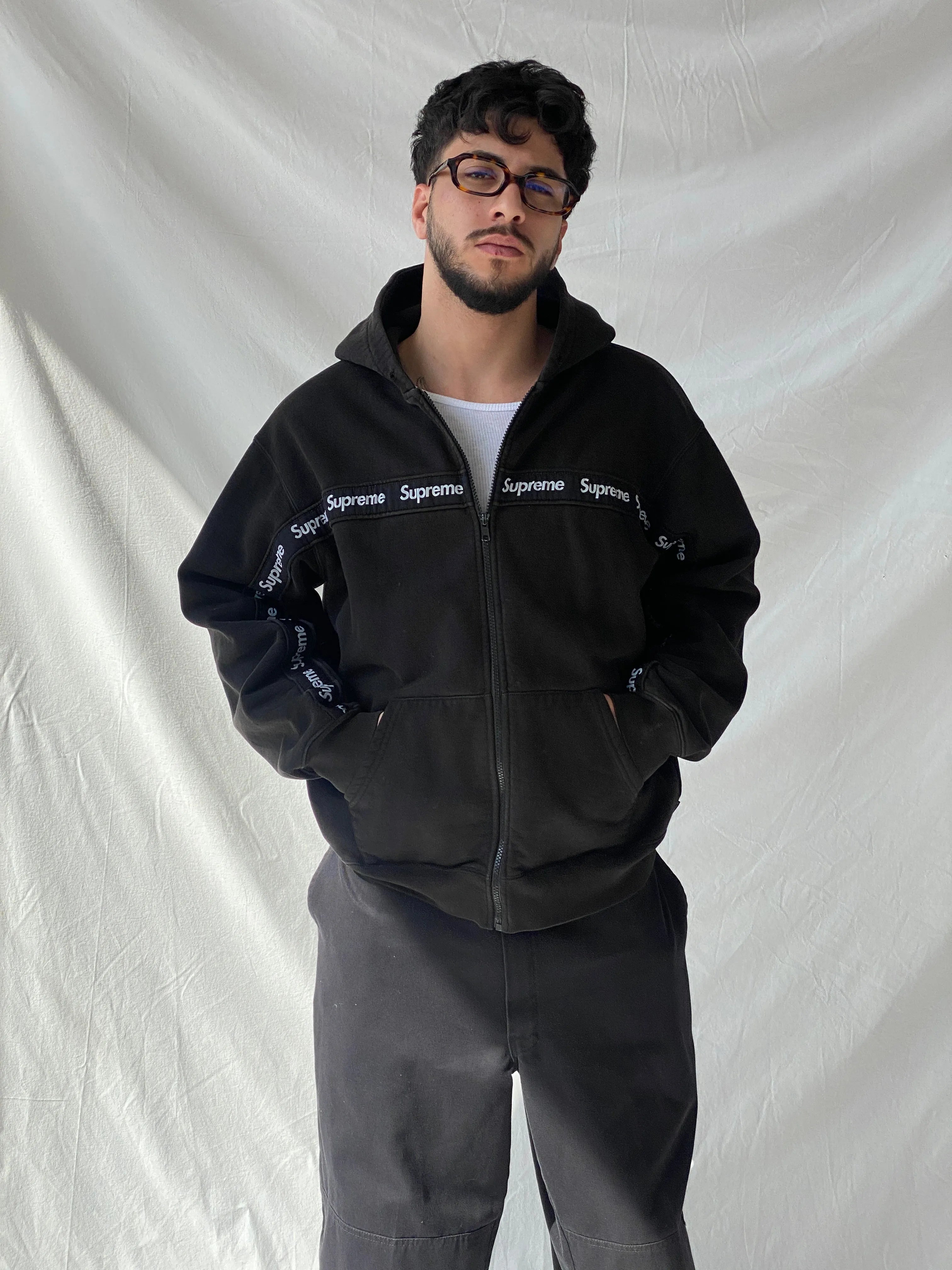 Supreme Text Stripe Zip Up Black Men’s Hooded Jacket - L - Balagan Vintage Sweater 90s, consignment, Hamza, knit, knitted, knitted sweater, men, streetwear, vintage, vintage sweater, winter