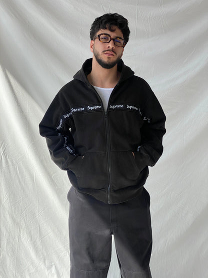 Supreme Text Stripe Zip Up Black Men’s Hooded Jacket - L - Balagan Vintage Sweater 90s, consignment, Hamza, knit, knitted, knitted sweater, men, streetwear, vintage, vintage sweater, winter