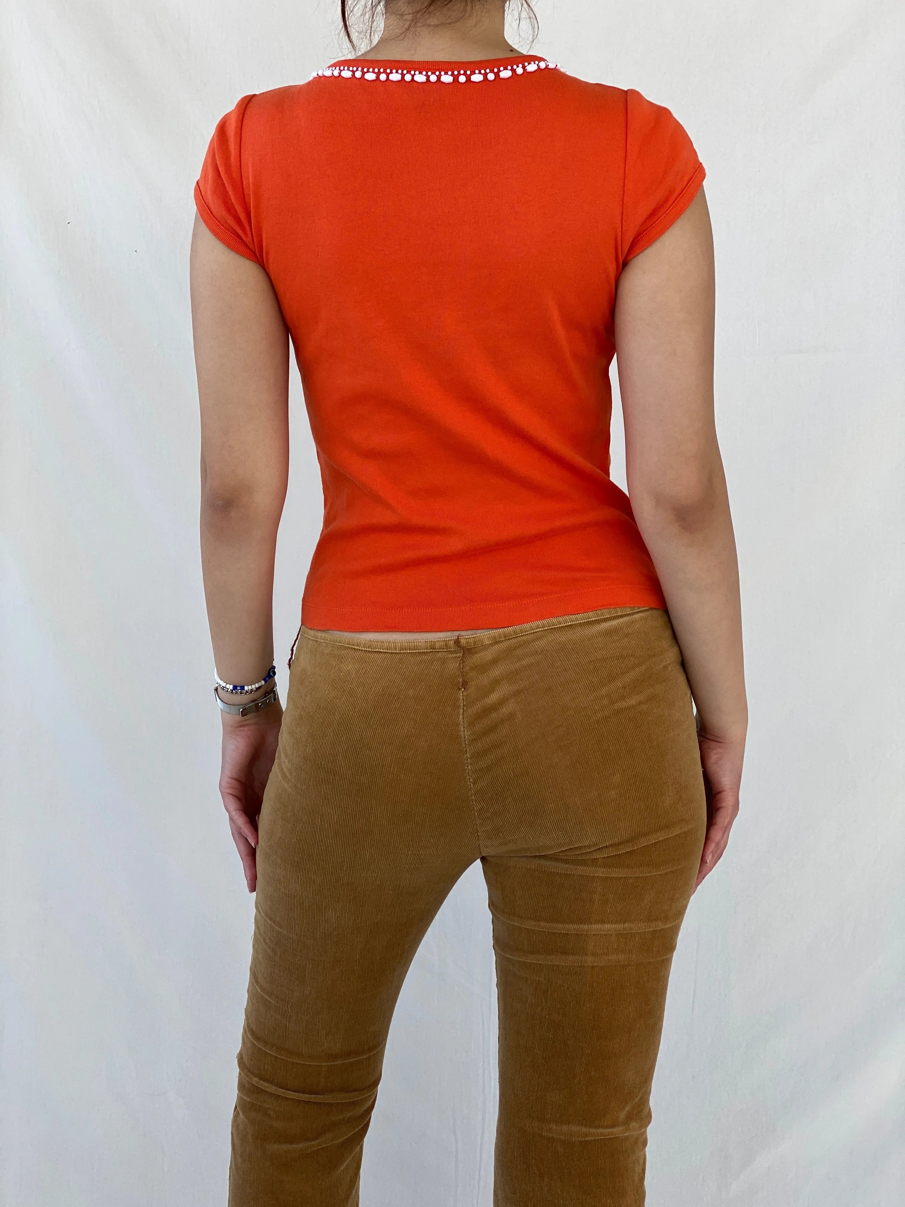 TALBOTS Women’s Beaded Collar Orange Cotton Top - S - Balagan Vintage Half Sleeve Top Ayah, beaded, women top