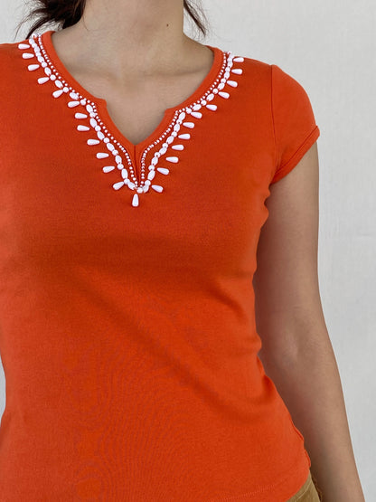 TALBOTS Women’s Beaded Collar Orange Cotton Top - S - Balagan Vintage Half Sleeve Top Ayah, beaded, women top