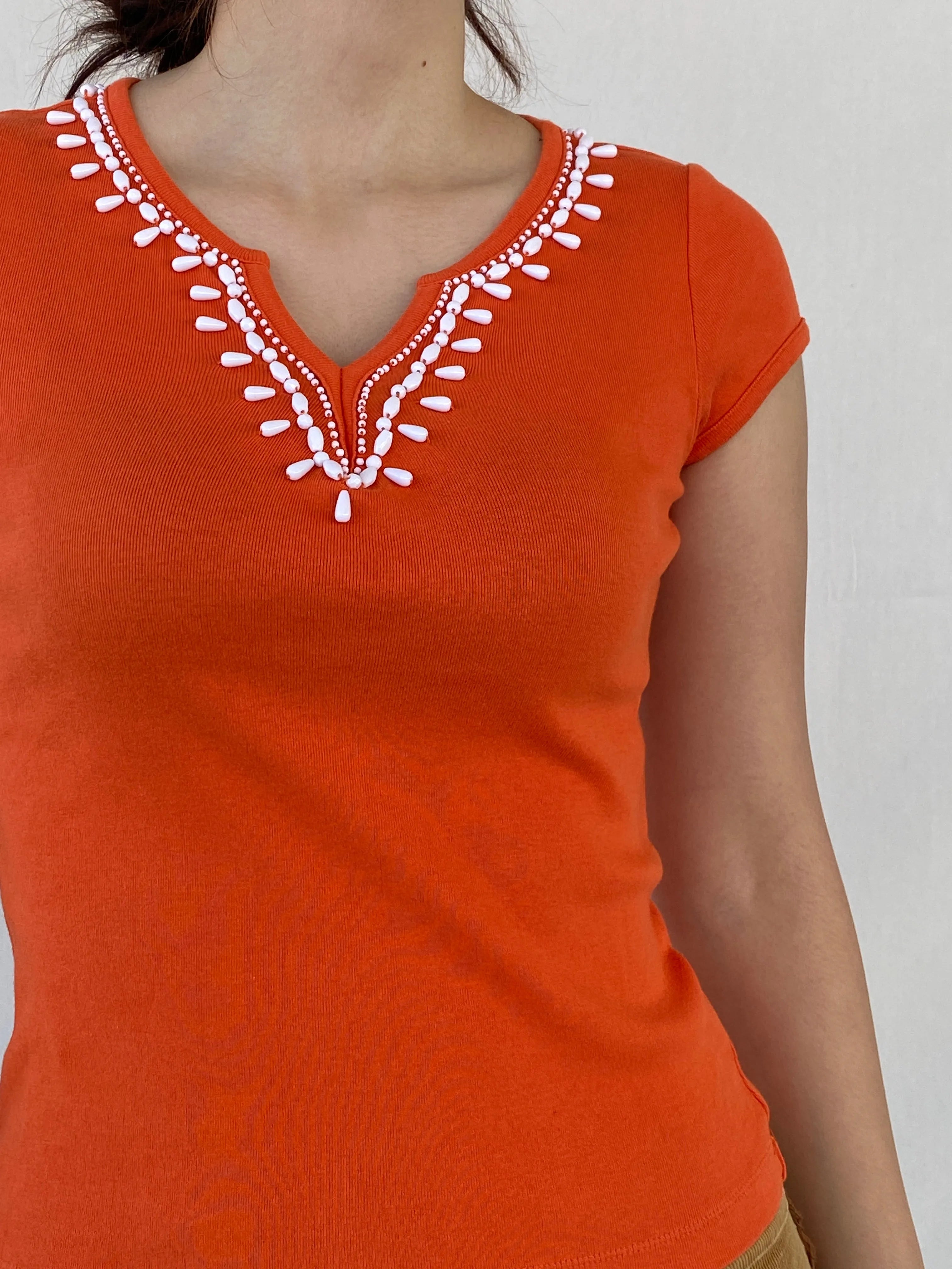TALBOTS Women’s Beaded Collar Orange Cotton Top - S - Balagan Vintage Half Sleeve Top Ayah, beaded, women top