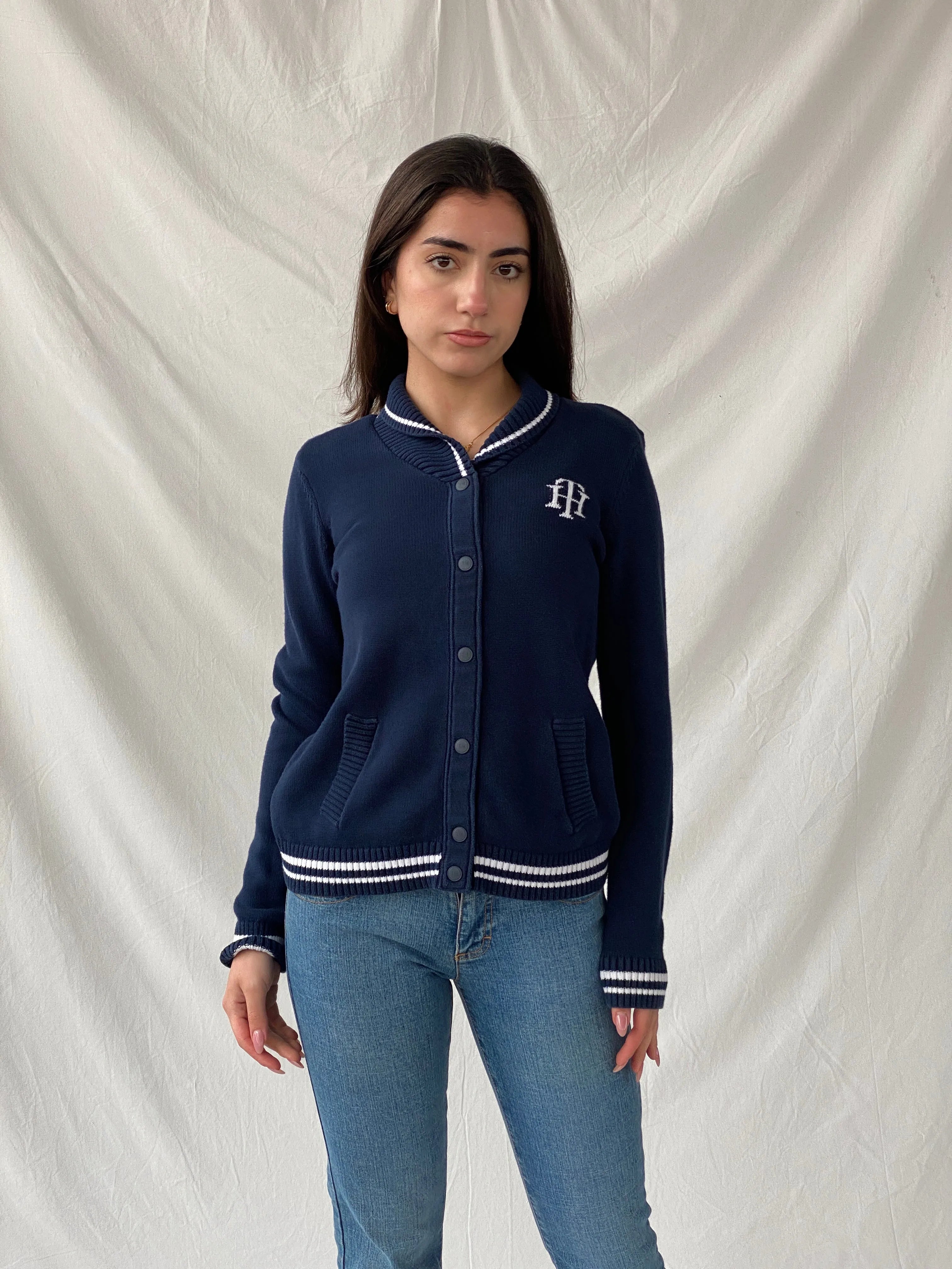 Tommy Hilfiger TH Logo Cotton Jumper Varsity Jacket - S - Balagan Vintage Full Sleeve Shirt 90s, Christine, knit, knitted cardigan, Tommy hilfiger, Tommy jeans, winter