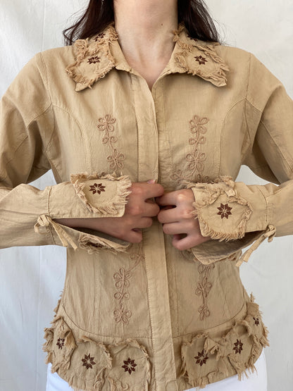 Unique Vintage Western Beige Floral Embroidered Frayed Patches Long Sleeve Button Up Women’s Shirt - M - Balagan Vintage Full Sleeve Shirt 00s, Ayah, full sleeve shirt, NEW IN, summer