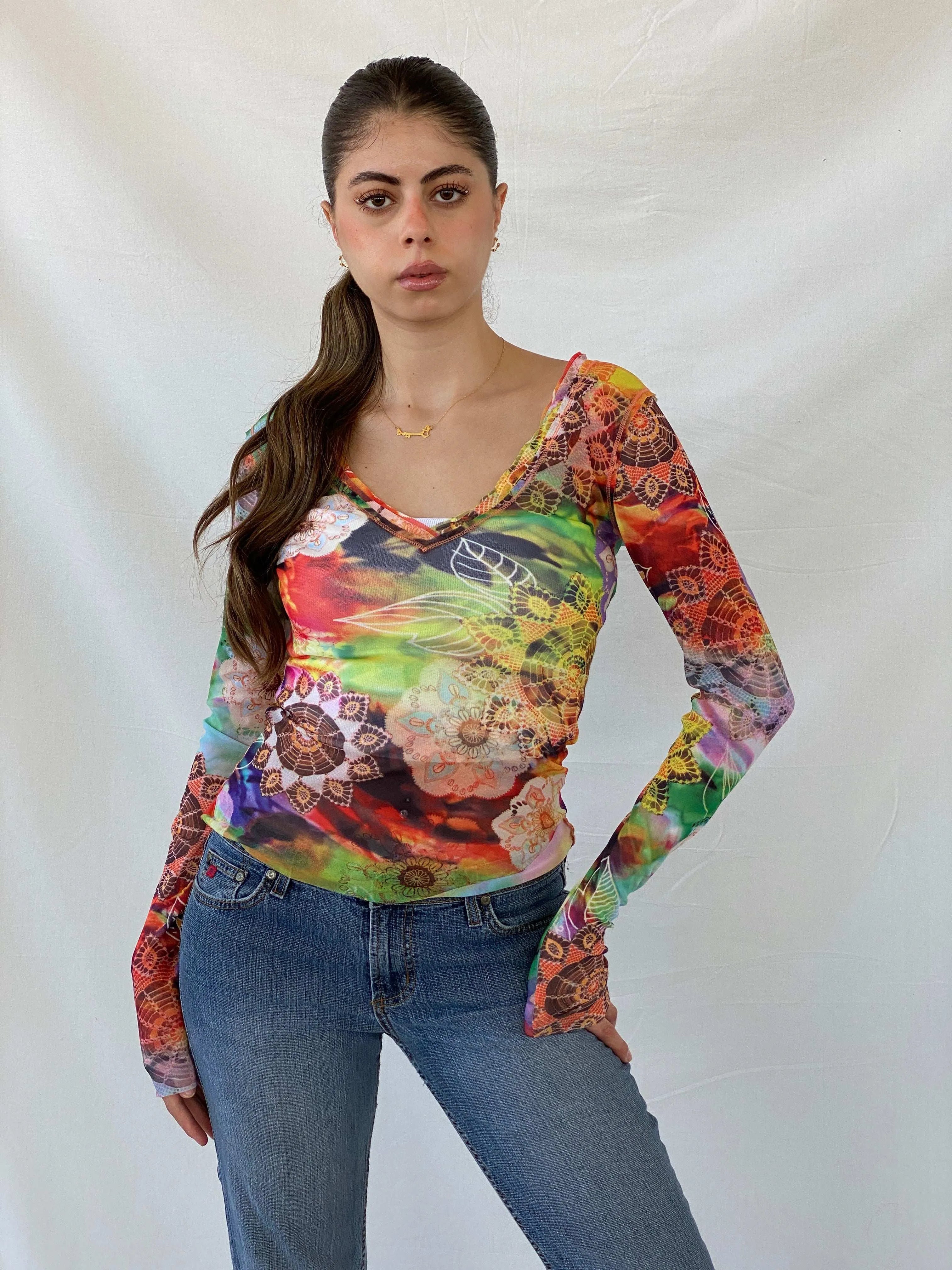 United Colors of Benetton Floral Graphic Mesh Full Sleeve Top - S - Balagan Vintage Mesh Top floral mesh, full sleeve top, mesh, mesh top, Mira