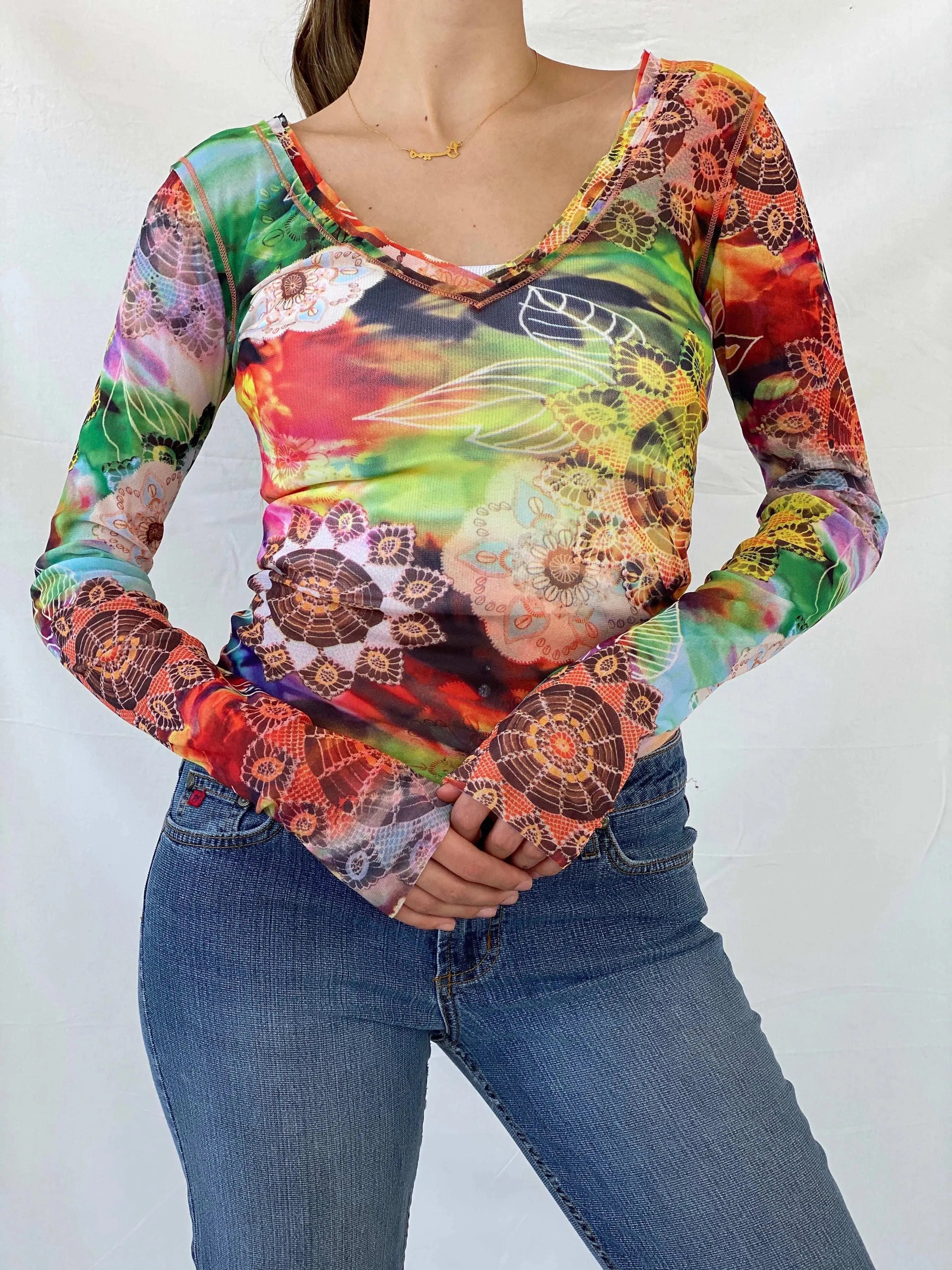 United Colors of Benetton Floral Graphic Mesh Full Sleeve Top - S - Balagan Vintage Mesh Top Deals, floral mesh, full sleeve top, mesh, mesh top, Mira