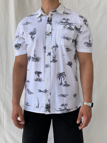 Vans Dive Bomber White Black Hawaiian Button Down Short Sleeve Men’s Classic Fit Shirt - L - Balagan Vintage Half Sleeve Shirt 90s, half sleeve shirt, Hawaiian shirt, mens shirt, NEW IN, printed shirt, Ramez, silk