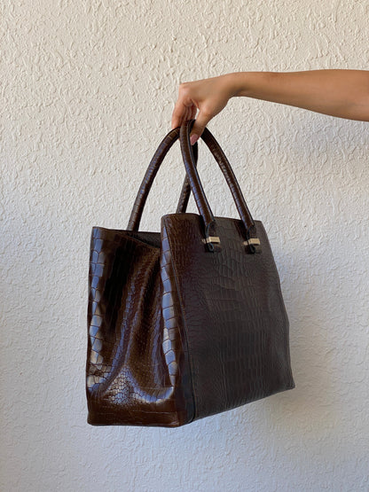 Victoria Beckham Large Chocolate Brown Leather Croc Effect Women's Bag - Balagan Vintage Shoulder Bag 00s, 90s, bag, consignment, genuine leather, Hala, NEW IN, shoulder bag, summer, Y2K