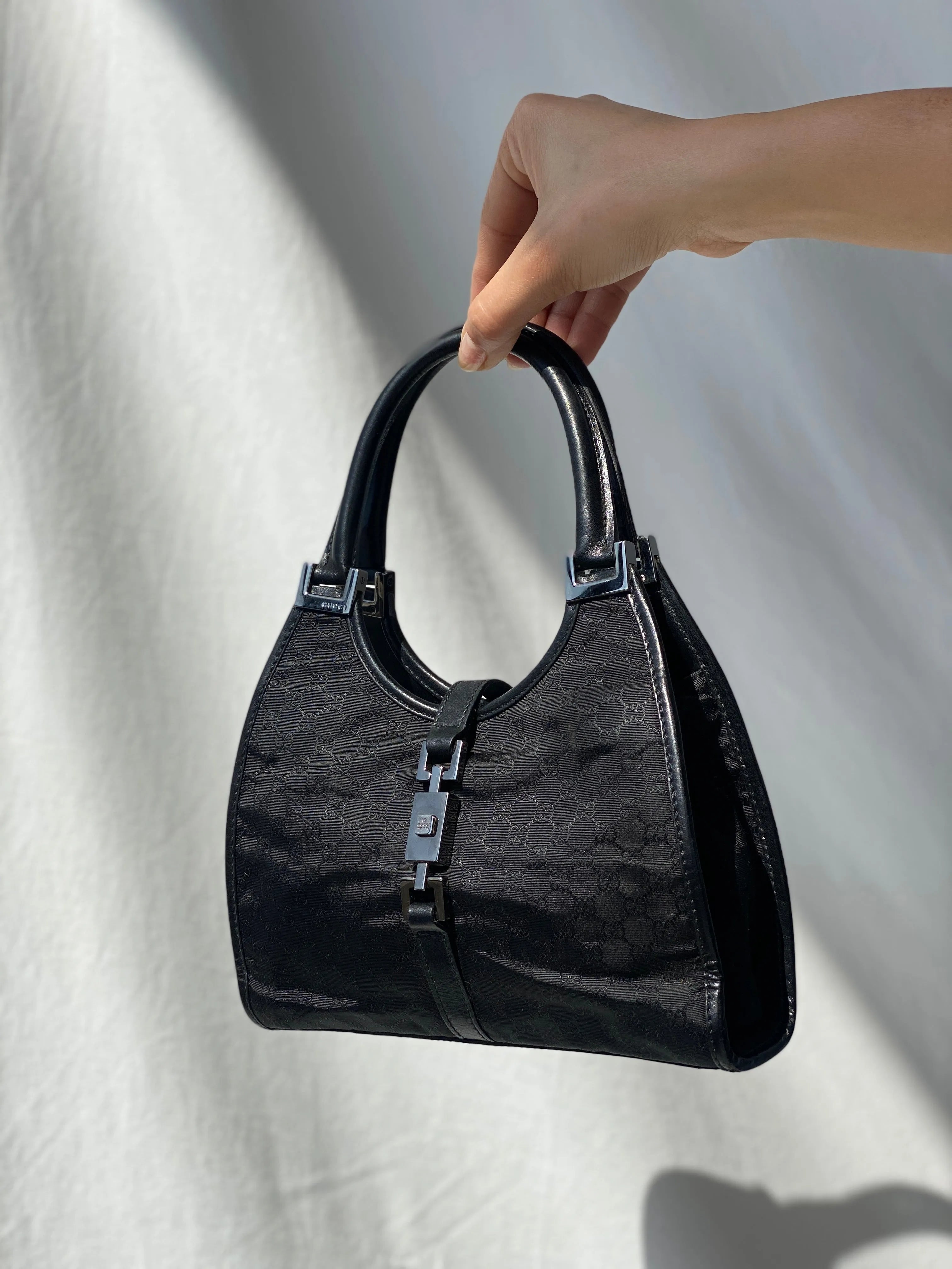 Vintage 00s Gucci Jackie Bardot Black Leather Monogram GG Canvas Mini Handbag - Balagan Vintage Handbags 90s, bag, brown leather, genuine leather, Gucci, rare find, rare vintage