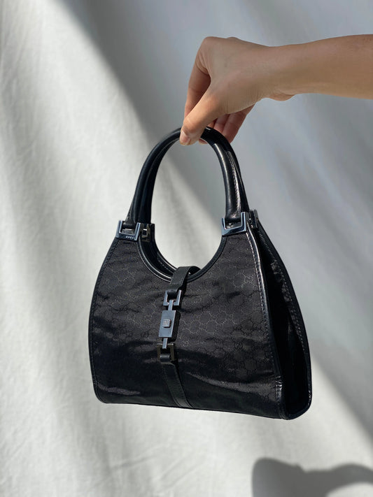 Vintage 00s Gucci Jackie Bardot Black Leather Monogram GG Canvas Mini Handbag - Balagan Vintage Handbags 90s, bag, brown leather, genuine leather, Gucci, rare find, rare vintage