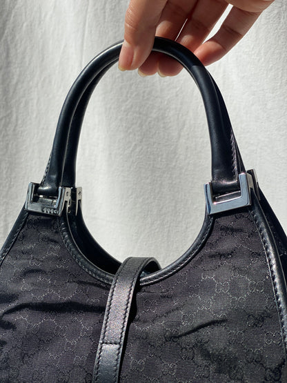Vintage 00s Gucci Jackie Bardot Black Leather Monogram GG Canvas Mini Handbag - Balagan Vintage Handbags 90s, bag, brown leather, genuine leather, Gucci, rare find, rare vintage