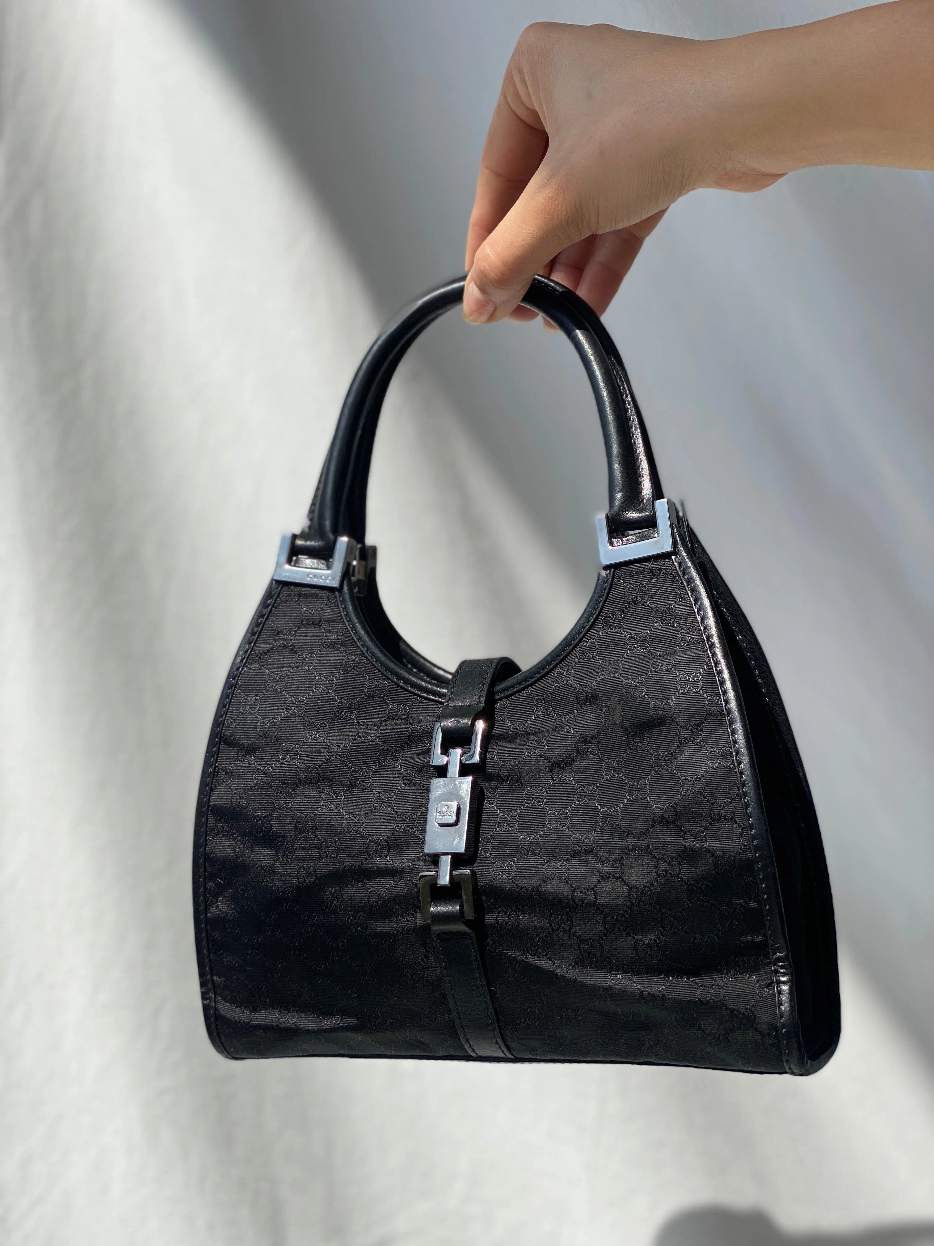 Vintage 00s Gucci Jackie Bardot Black Leather Monogram GG Canvas Mini Handbag - Balagan Vintage Handbags 90s, bag, brown leather, genuine leather, Gucci, rare find, rare vintage