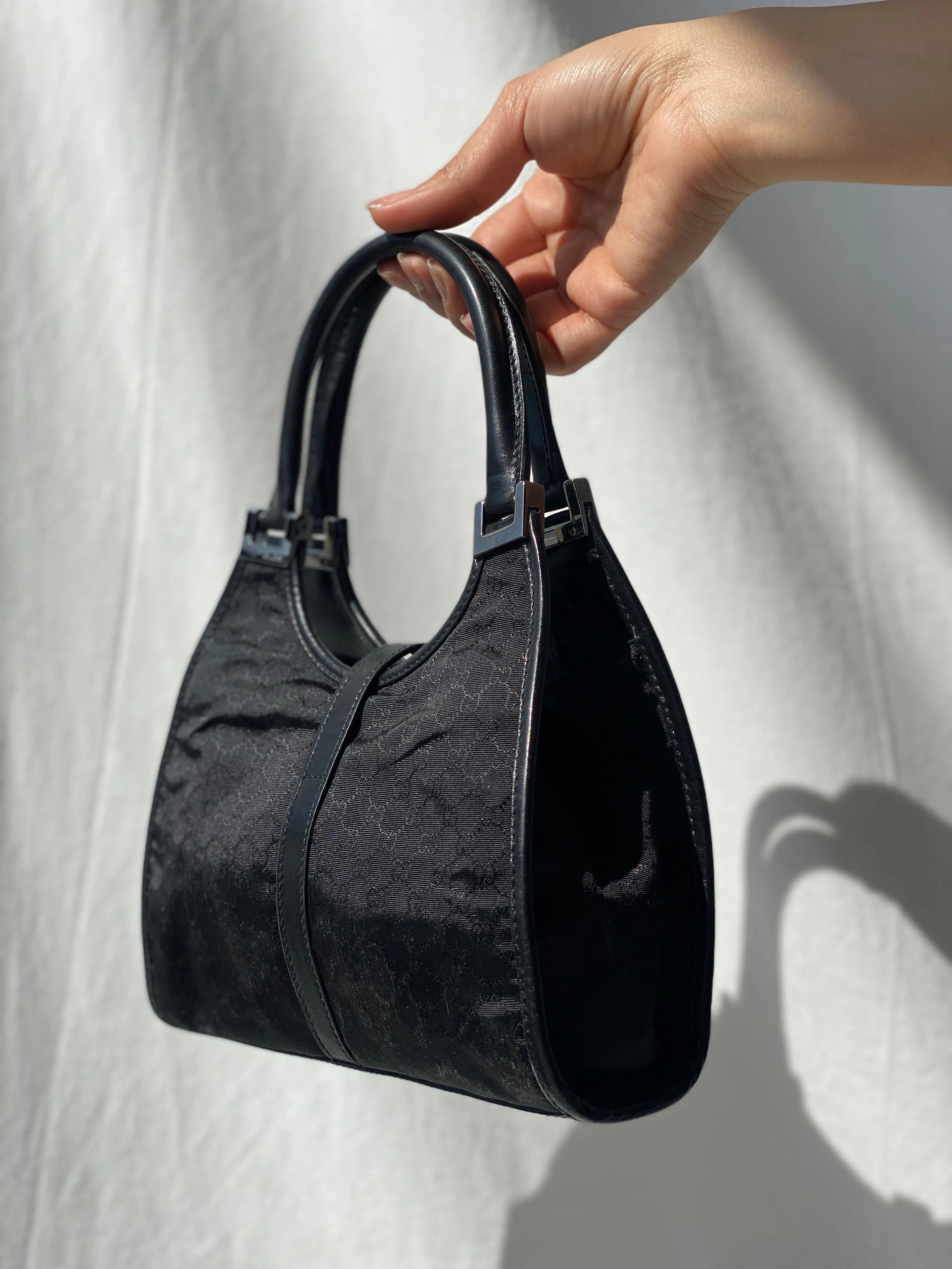 Vintage 00s Gucci Jackie Bardot Black Leather Monogram GG Canvas Mini Handbag - Balagan Vintage Handbags 90s, bag, brown leather, genuine leather, Gucci, rare find, rare vintage