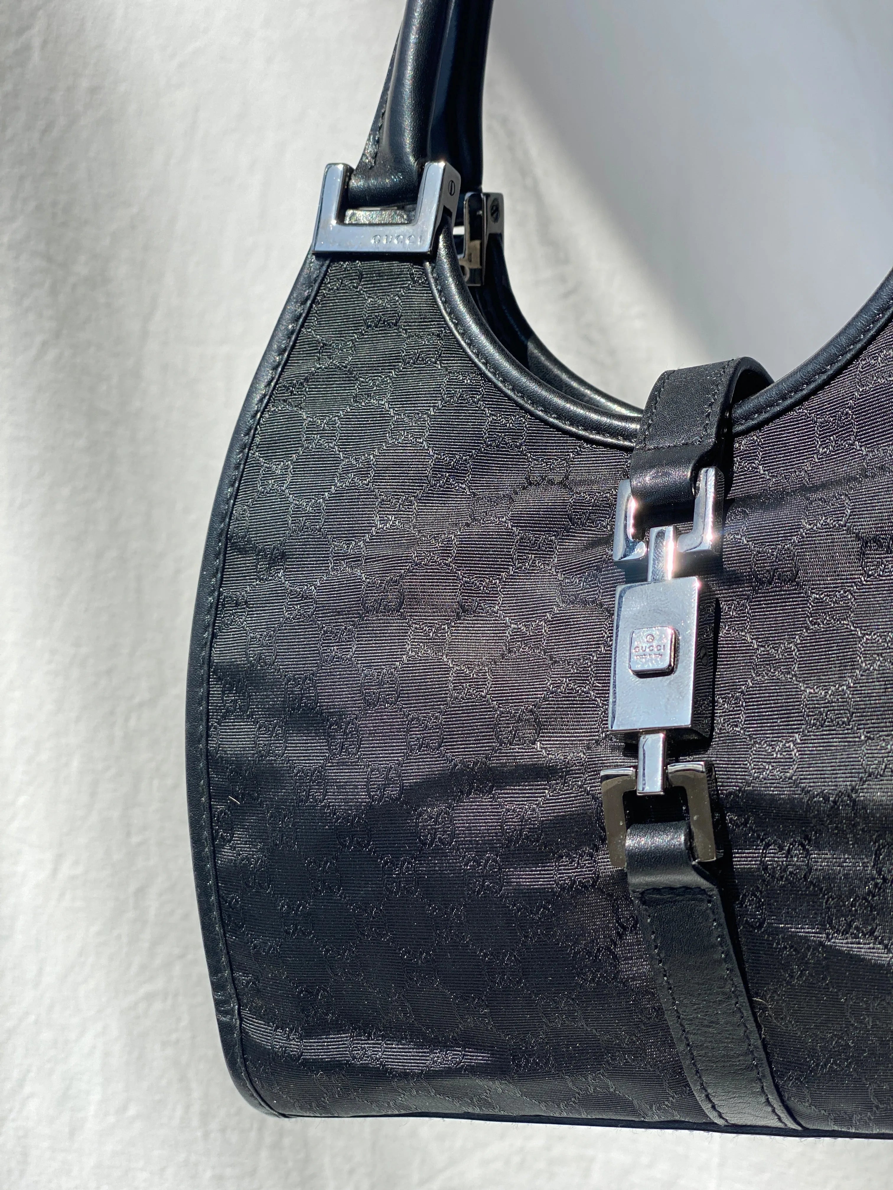 Vintage 00s Gucci Jackie Bardot Black Leather Monogram GG Canvas Mini Handbag - Balagan Vintage Handbags 90s, bag, brown leather, genuine leather, Gucci, rare find, rare vintage