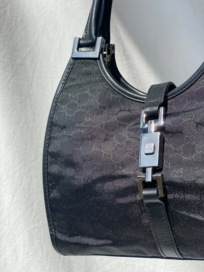 Vintage 00s Gucci Jackie Bardot Black Leather Monogram GG Canvas Mini Handbag - Balagan Vintage Handbags 90s, bag, brown leather, genuine leather, Gucci, rare find, rare vintage