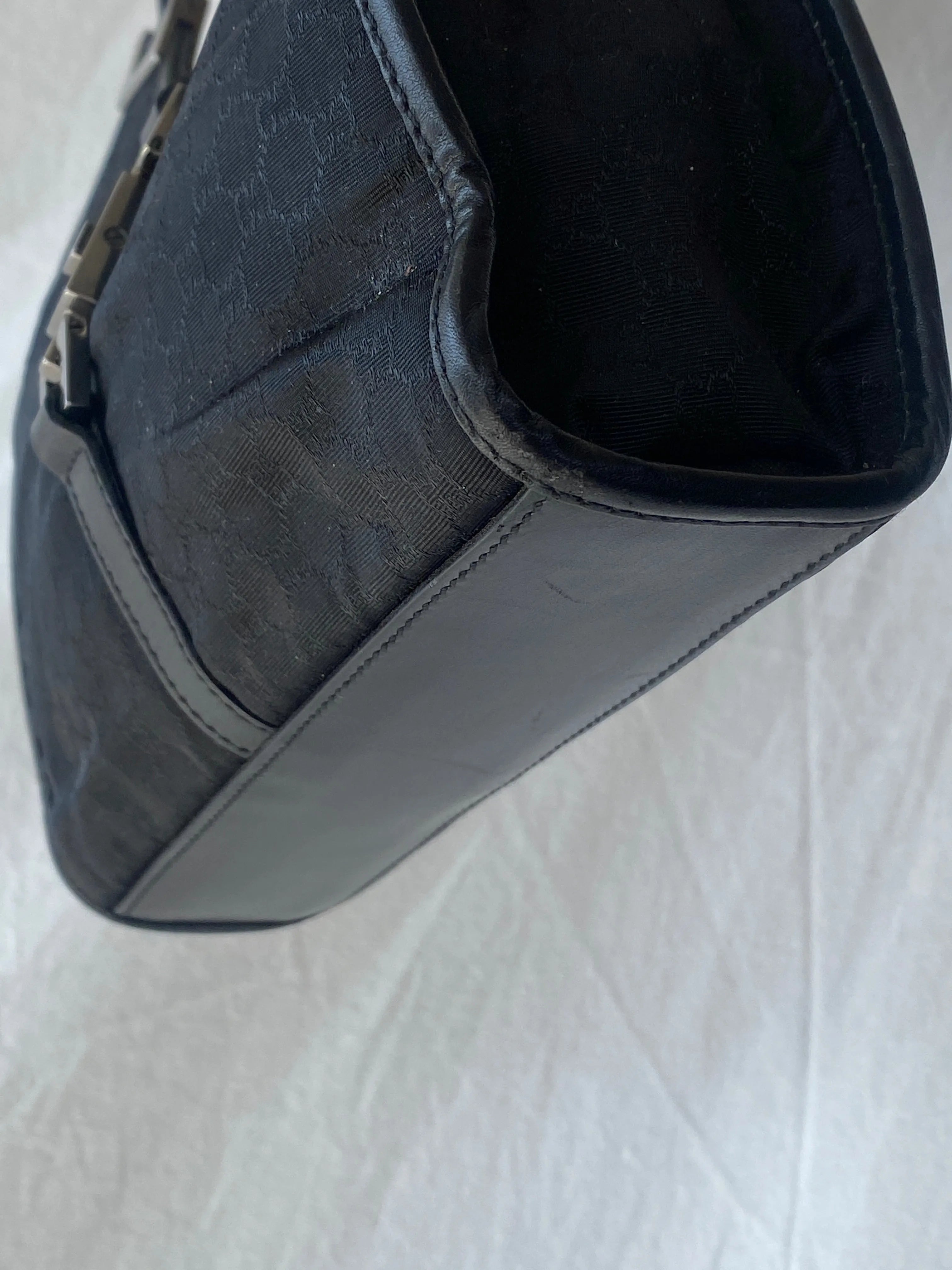 Vintage 00s Gucci Jackie Bardot Black Leather Monogram GG Canvas Mini Handbag - Balagan Vintage Handbags 90s, bag, brown leather, genuine leather, Gucci, rare find, rare vintage