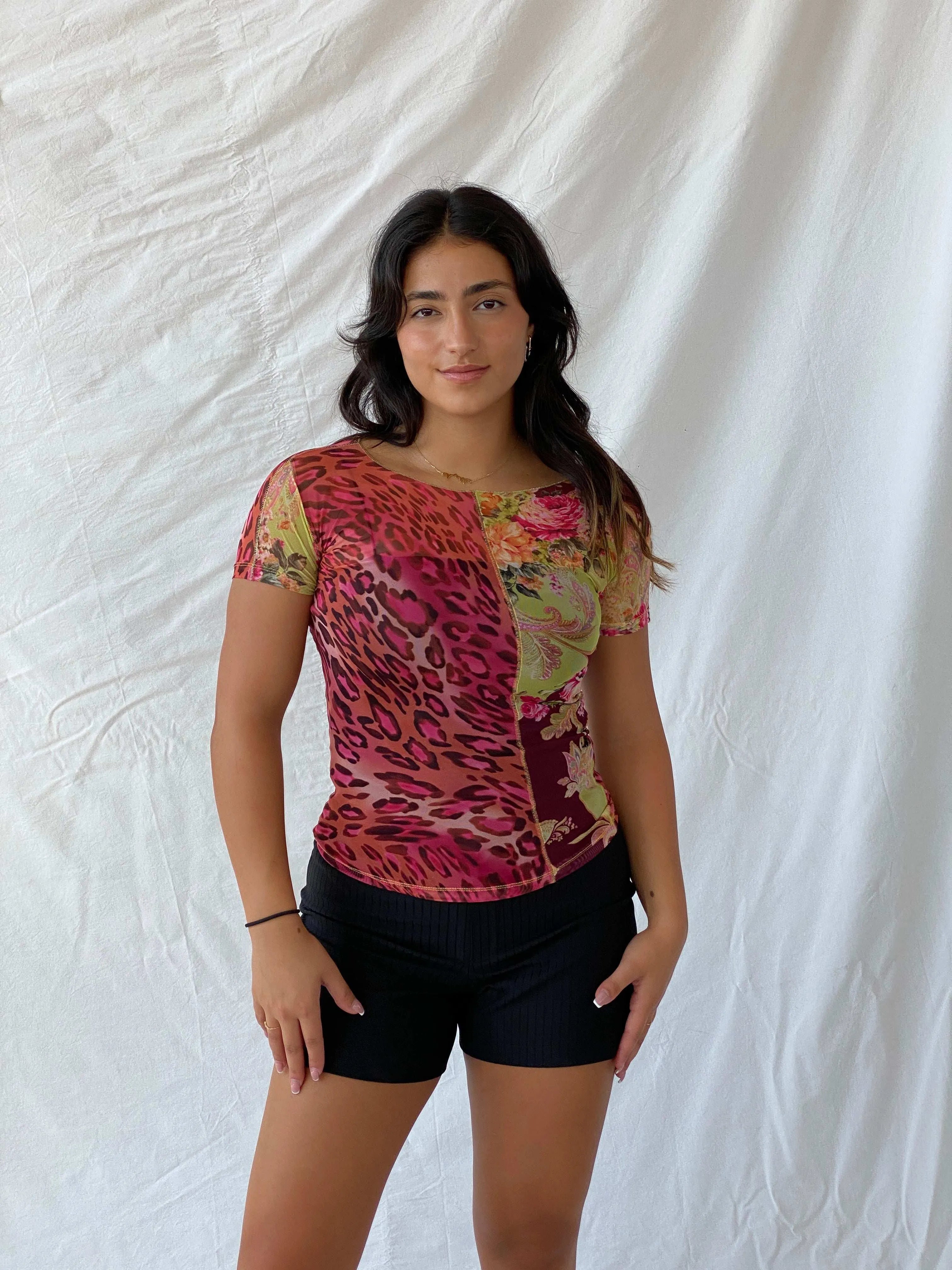 Vintage 00s Latina Maillot Printed Mesh Top - M - Balagan Vintage Half Sleeve Top 00s, floral top, Lana, mesh top, summer