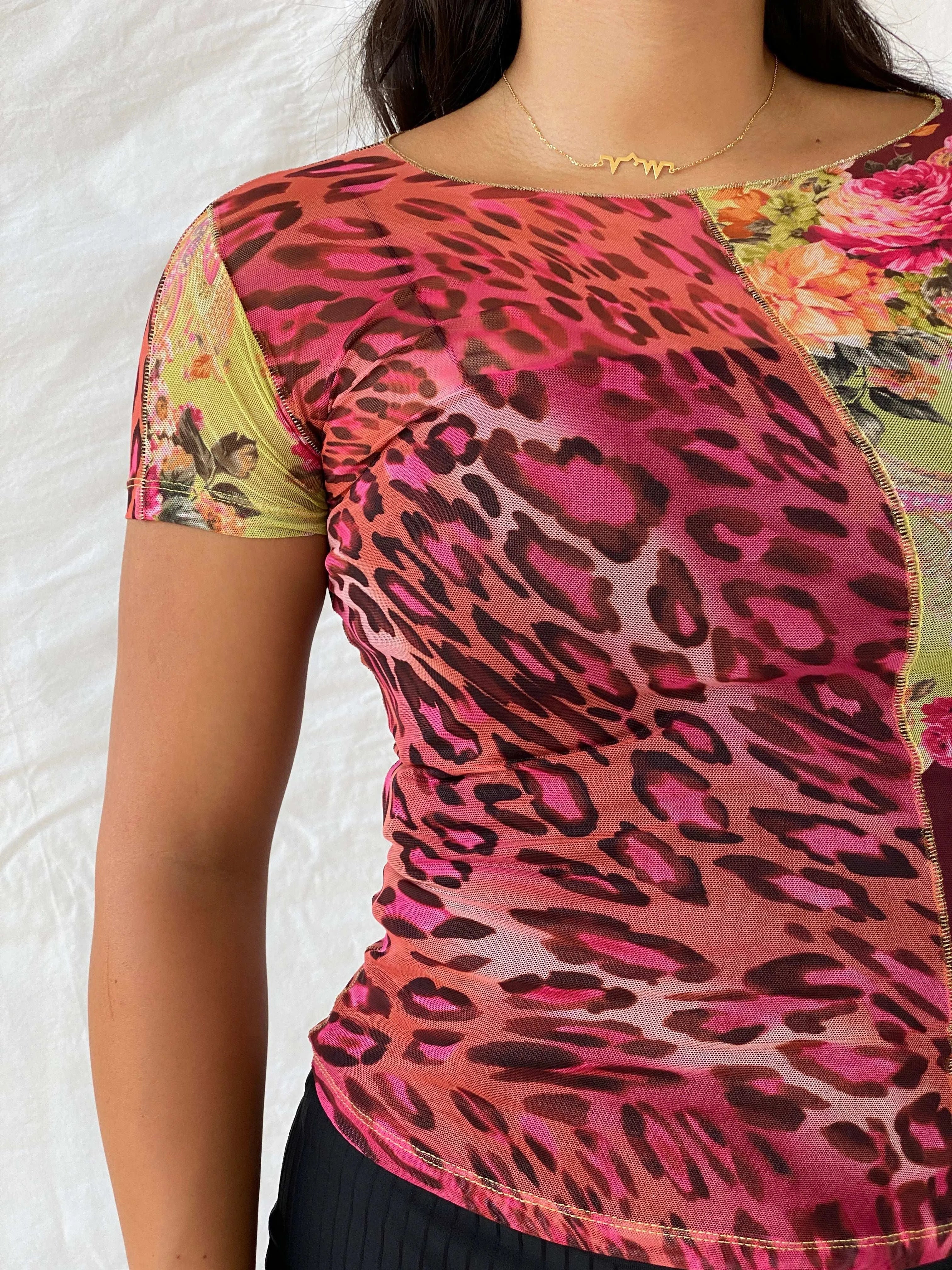 Vintage 00s Latina Maillot Printed Mesh Top - M - Balagan Vintage Half Sleeve Top 00s, floral top, Lana, mesh top, summer