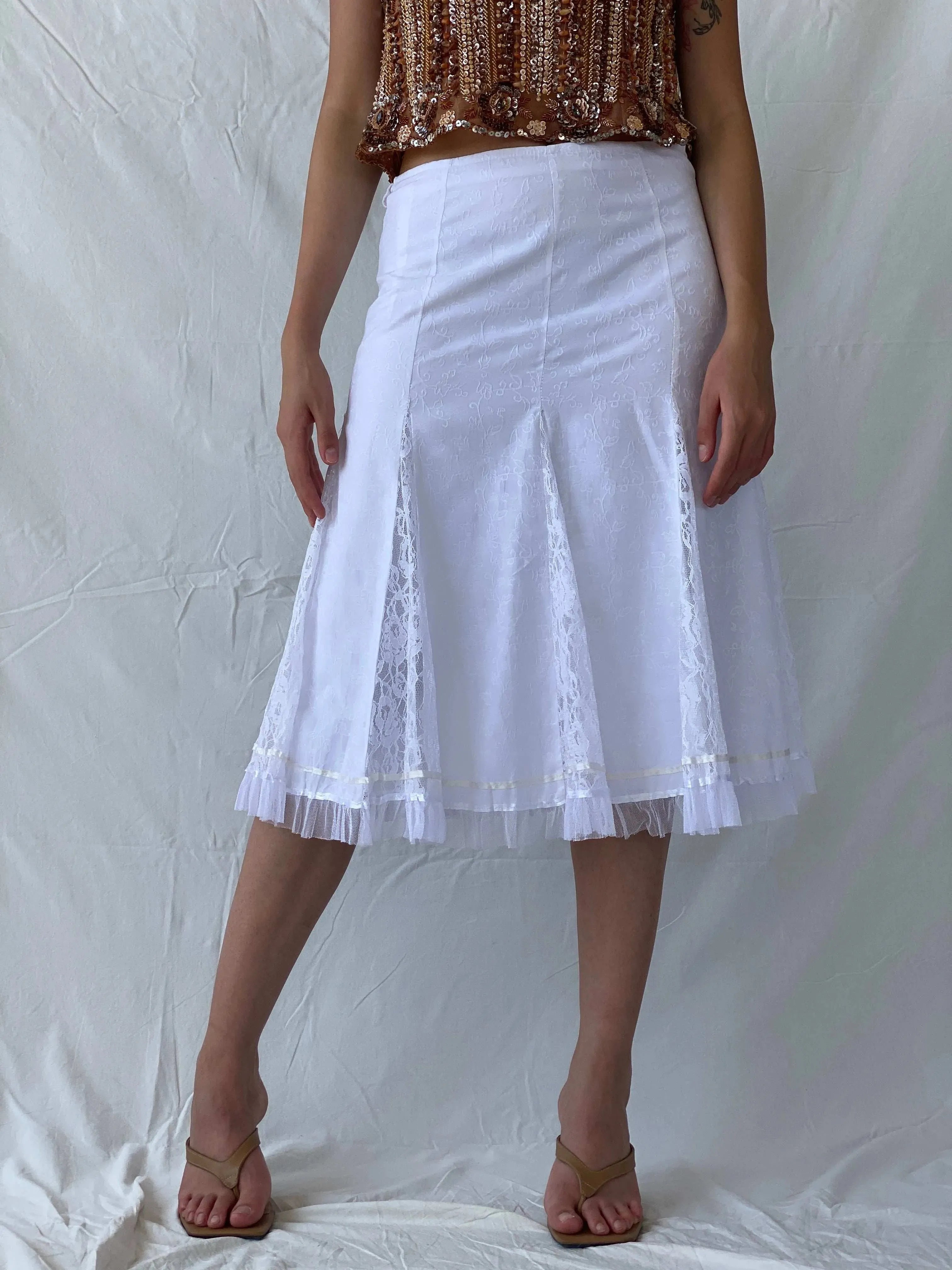 Vintage 00s Olabi Fashion Lace Blend White Midi Skirt - M - Balagan Vintage Midi Skirt 90s, floral skirt, midi skirt, Mira