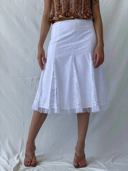 Vintage 00s Olabi Fashion Lace Blend White Midi Skirt - M - Balagan Vintage Midi Skirt 90s, floral skirt, midi skirt, Mira