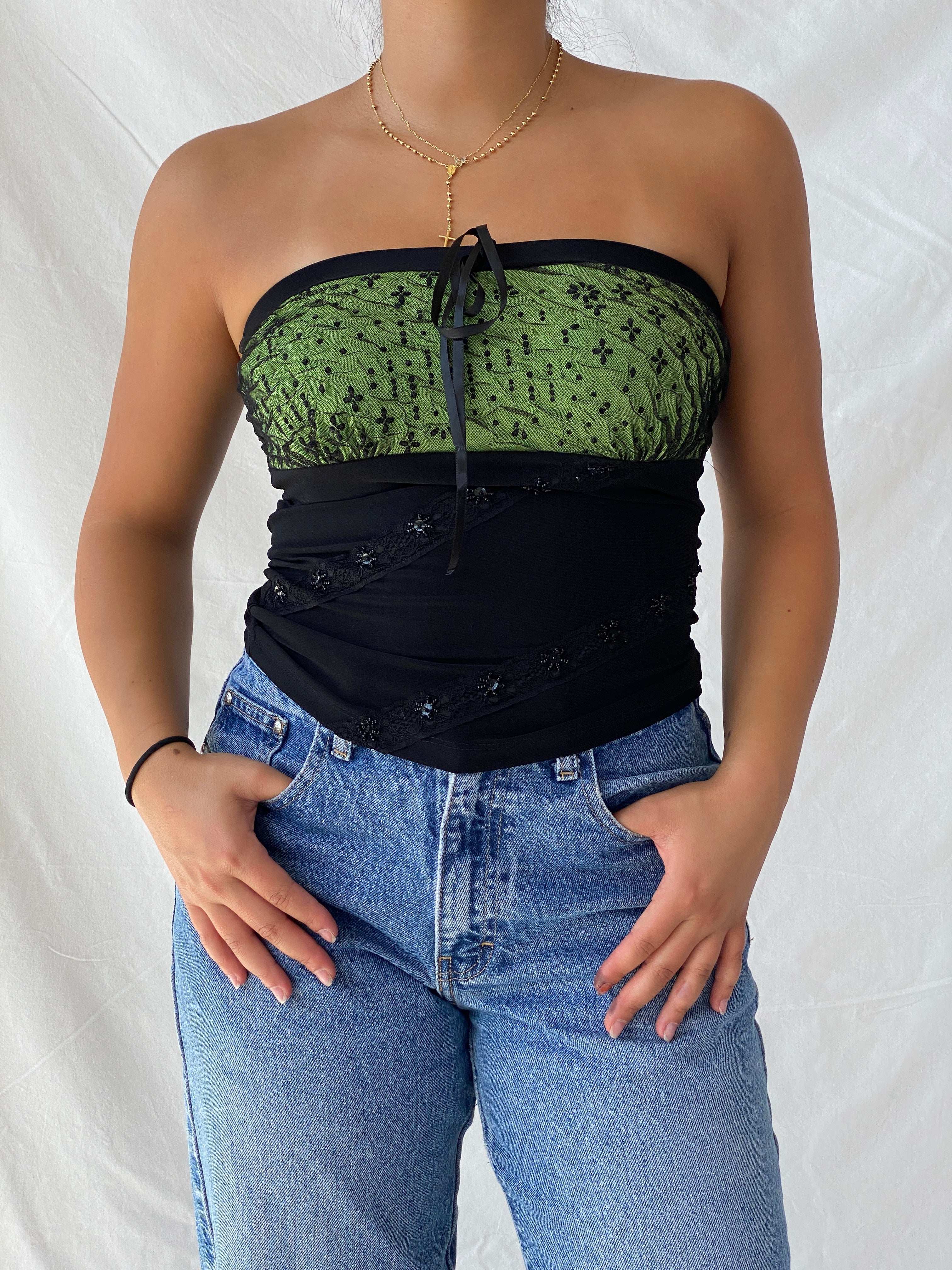 Vintage 00s Sensi Y2K Black and Green Bandeau Beaded Top - S - Balagan Vintage Strapless Top 00s, Lana, summer, Tube top, women top