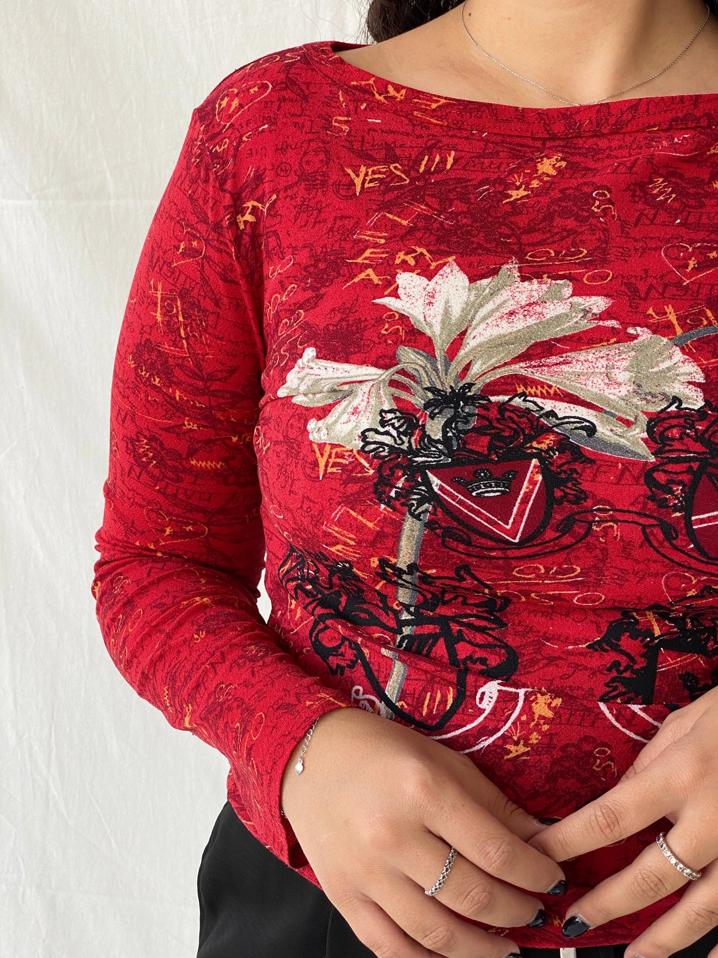 Vintage 00s Street One Red Mesh Graphic Women’s Long Sleeve Top - L - Balagan Vintage Full Sleeve Top 00s, Dina, graphic, mesh, mesh top