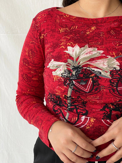 Vintage 00s Street One Red Mesh Graphic Women’s Long Sleeve Top - L - Balagan Vintage Full Sleeve Top 00s, Dina, graphic, mesh, mesh top