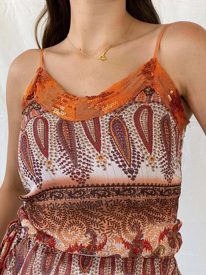 Vintage 00s Vanity Orange Paisley Print Top With Sequins Details - S - Balagan Vintage Cami 00s, Cami, Mira, women top