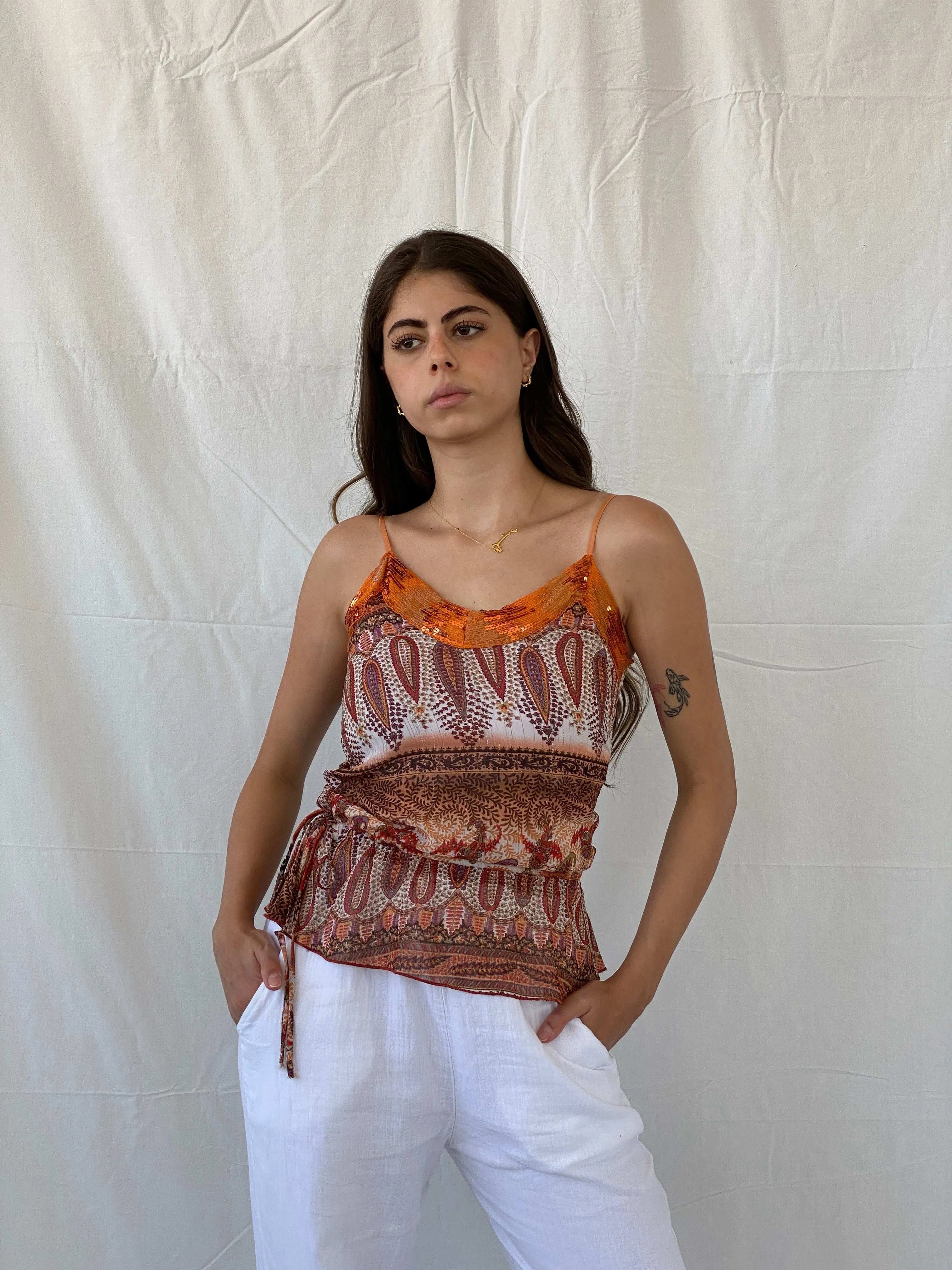 Vintage 00s Vanity Orange Paisley Print Top With Sequins Details - S - Balagan Vintage Cami 00s, Cami, Mira, women top