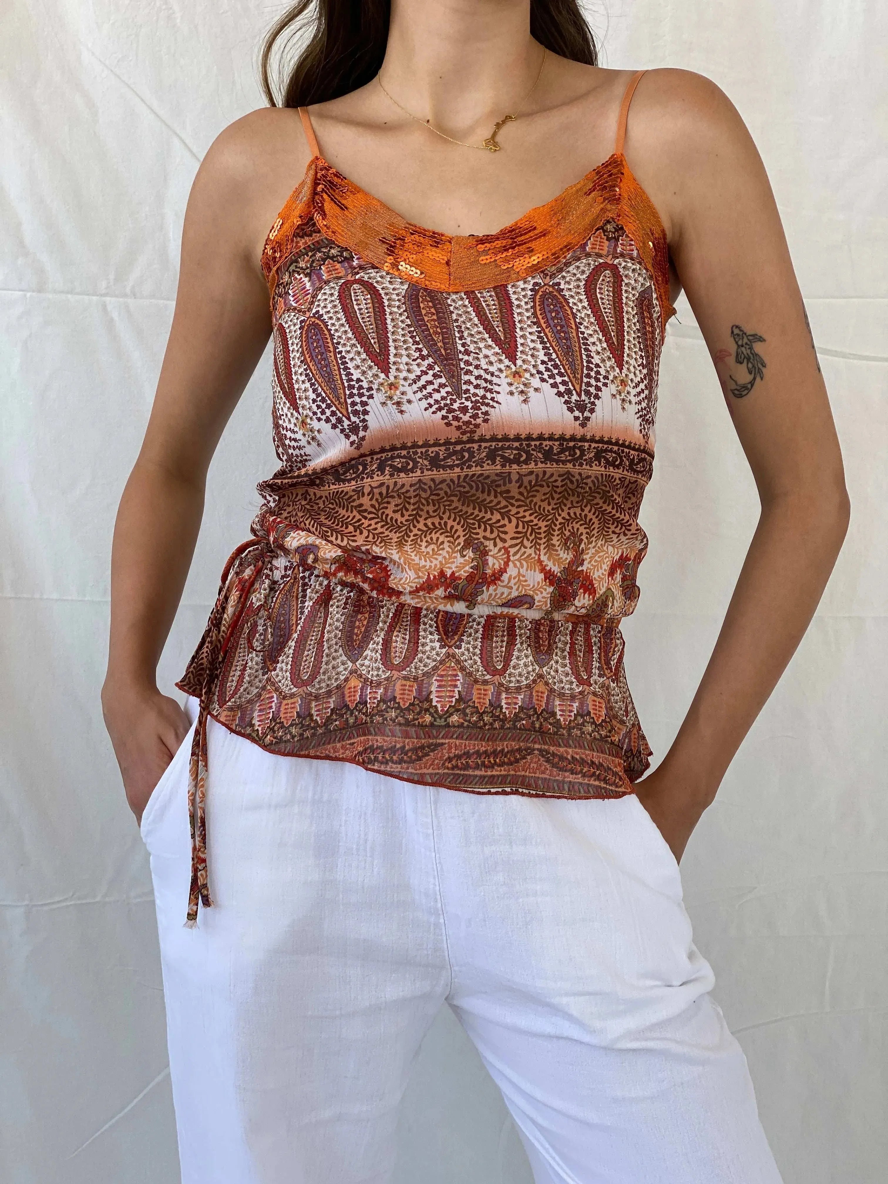 Vintage 00s Vanity Orange Paisley Print Top With Sequins Details - S - Balagan Vintage Cami 00s, Cami, Mira, women top