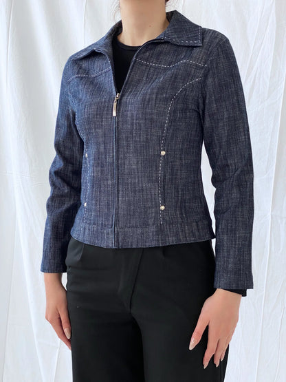 Vintage 123 BLEU Women’s Zip up Denim White Stitch Navy Top - S - Balagan Vintage Full Sleeve Top Ayah, colored denim, denim, denim top