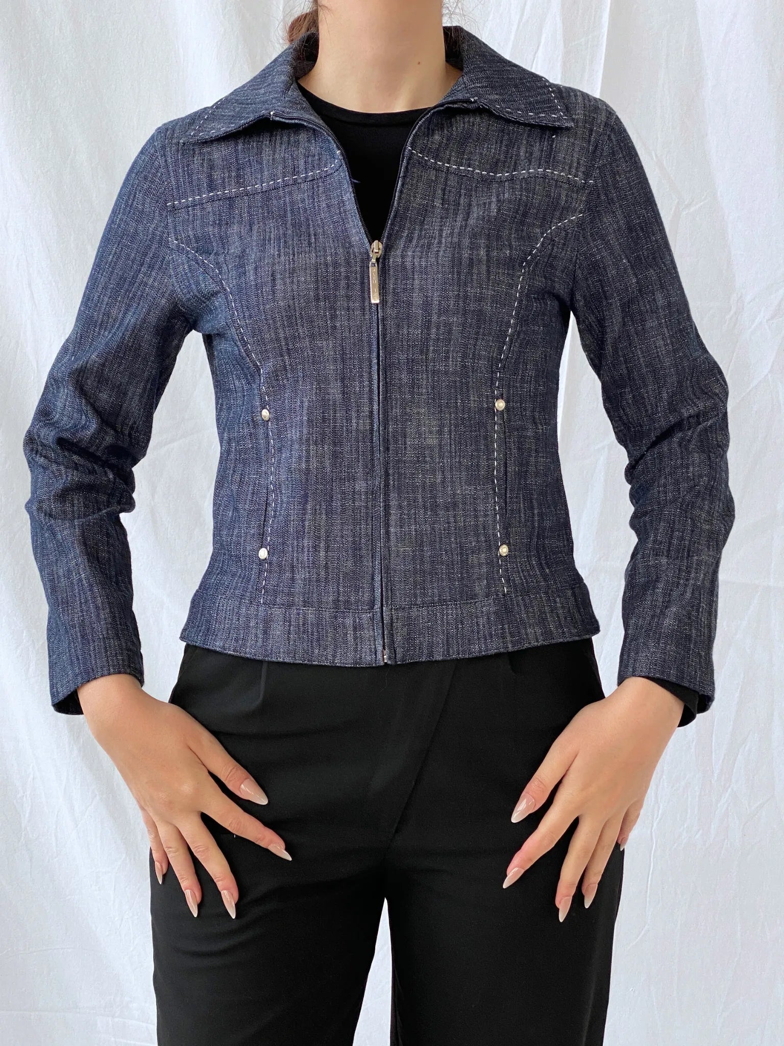 Vintage 123 BLEU Women’s Zip up Denim White Stitch Navy Top - S - Balagan Vintage Full Sleeve Top Ayah, colored denim, denim, denim top